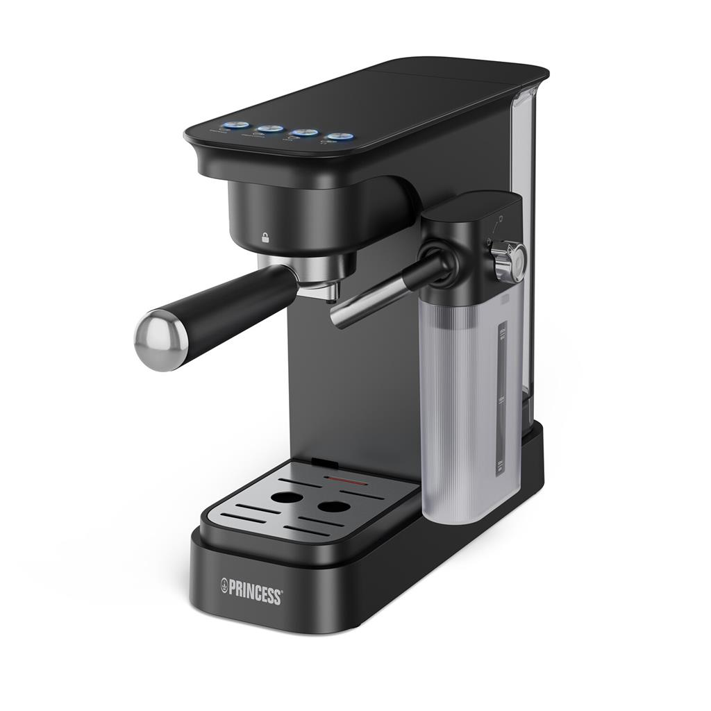 Schwarze Princess-Espressomaschine mit Milchaufschäumer und integriertem Tank auf weißem Hintergrund.