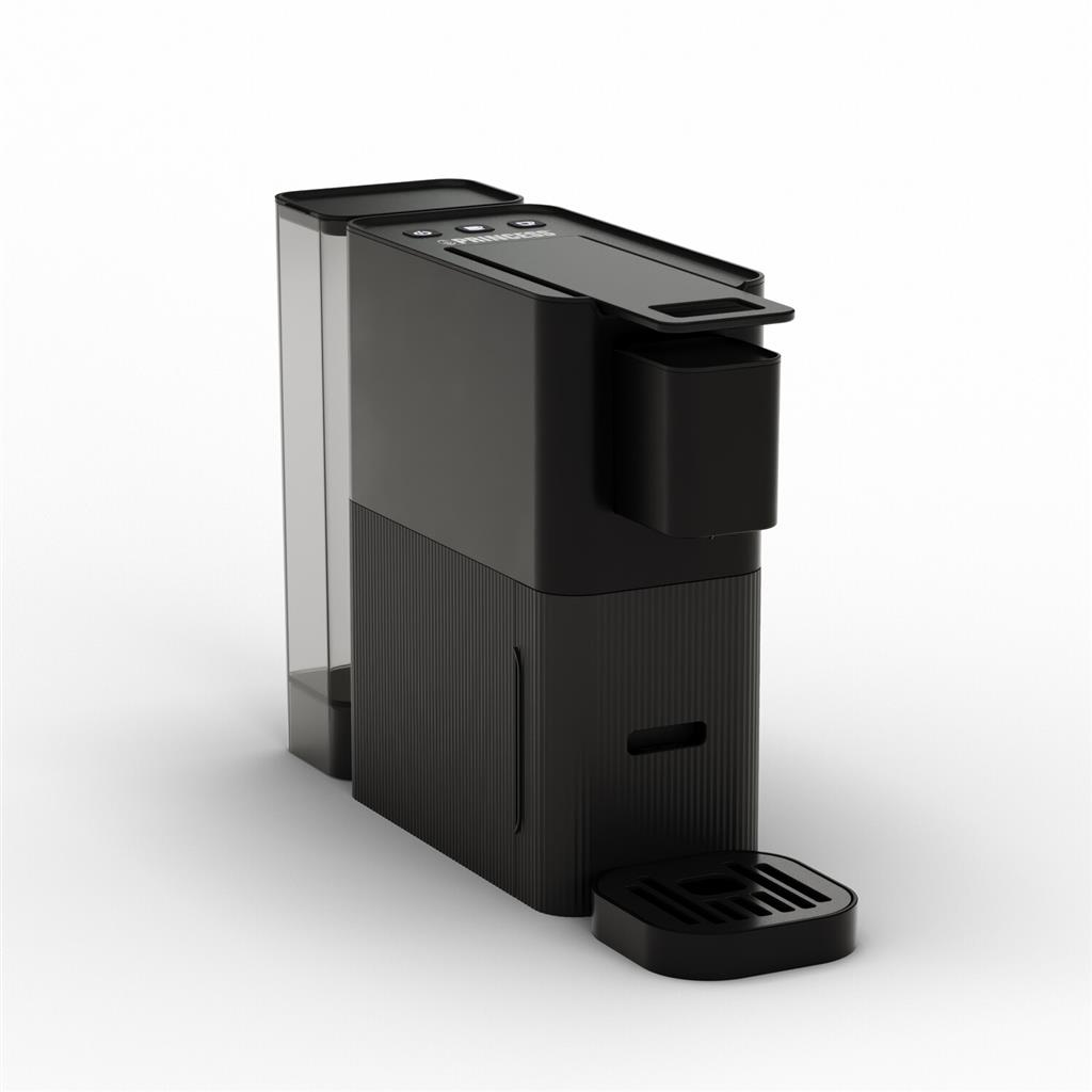 Schlanke, schwarze Kaffeemaschine mit transparentem Wassertank auf hellem Hintergrund.