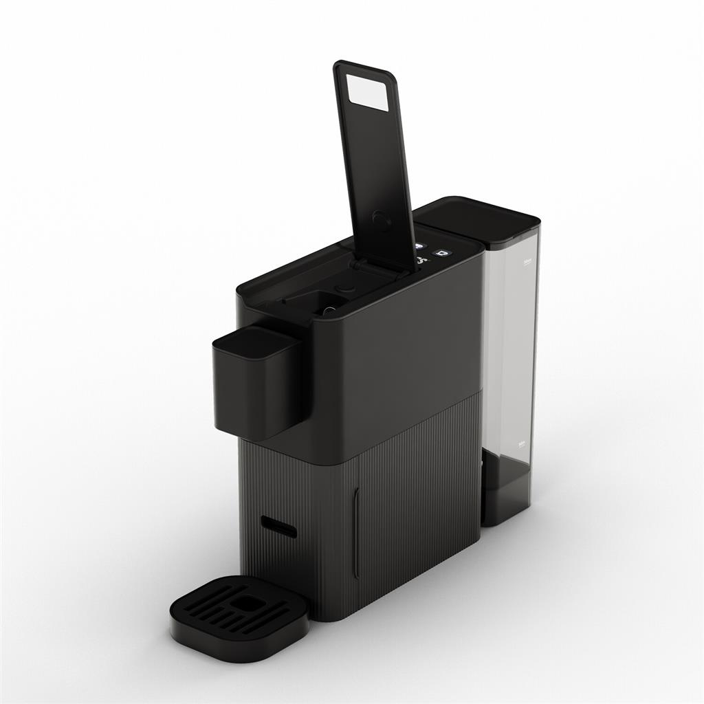 Moderne schwarze Kaffeemaschine mit geöffnetem Kapselfach auf weißem Hintergrund.
