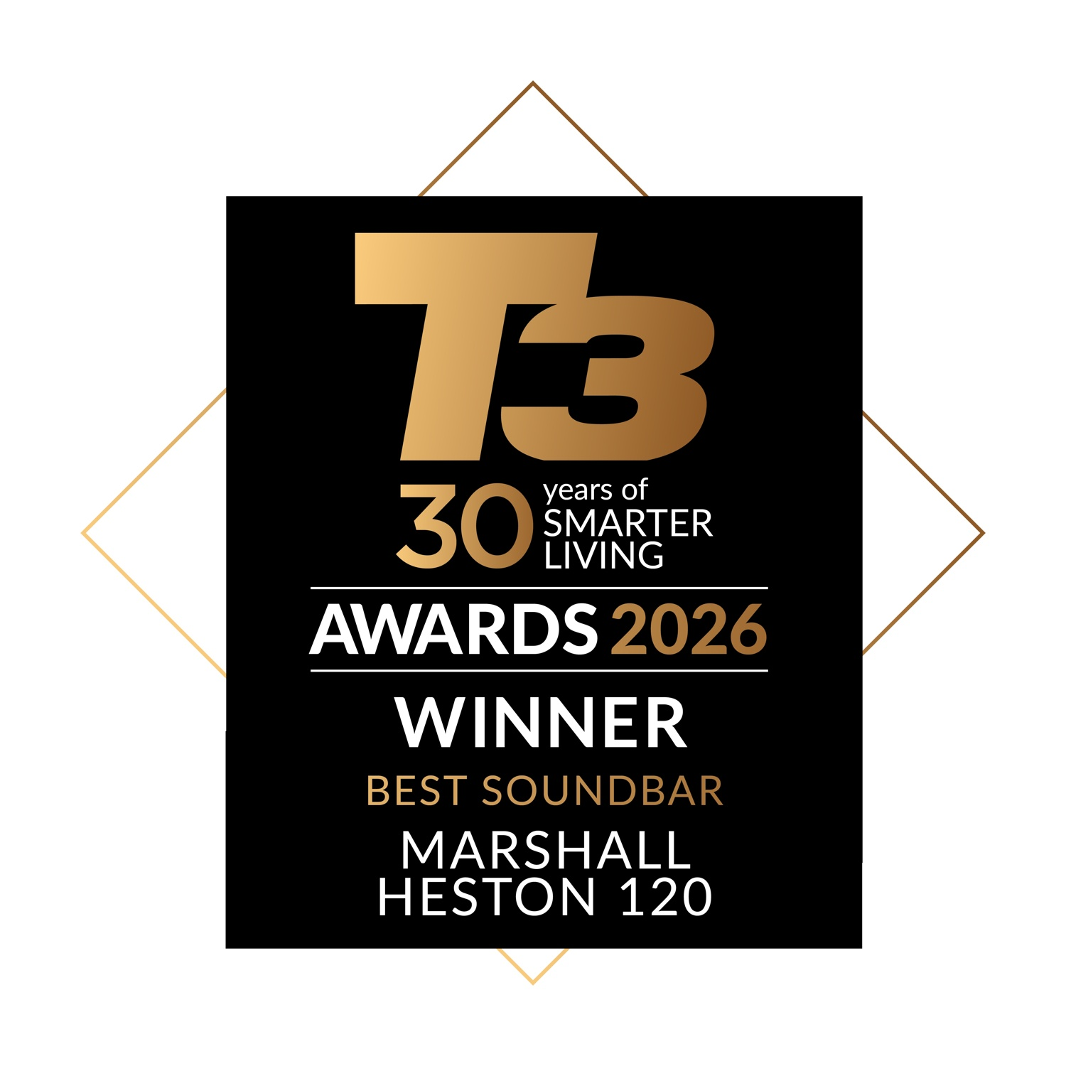 Logo del vincitore dei T3 Awards 2026 per la migliore soundbar: Marshall Heston 120.