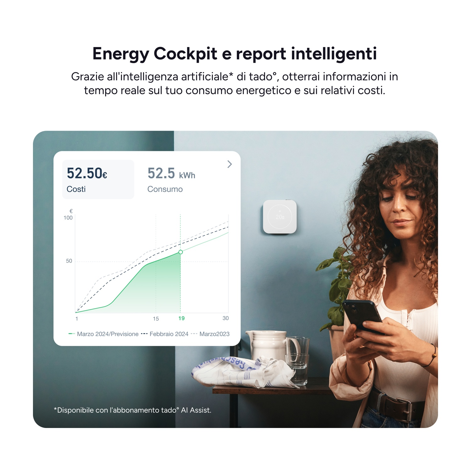 Una donna usa lo smartphone mentre in primo piano è mostrato un grafico dei consumi energetici.