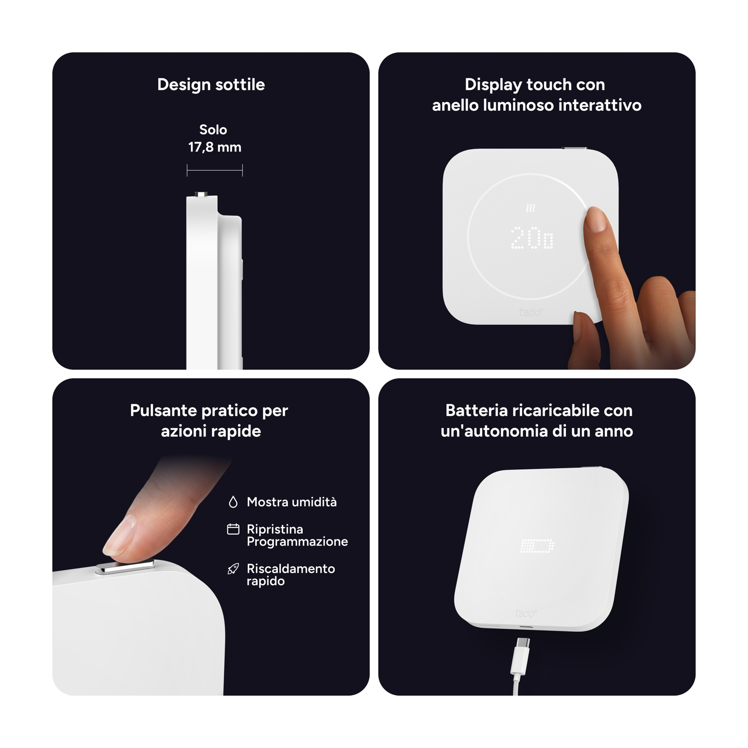 Quattro immagini mostrano il design sottile, il display touch, il pulsante rapido e la batteria del termostato Tado.