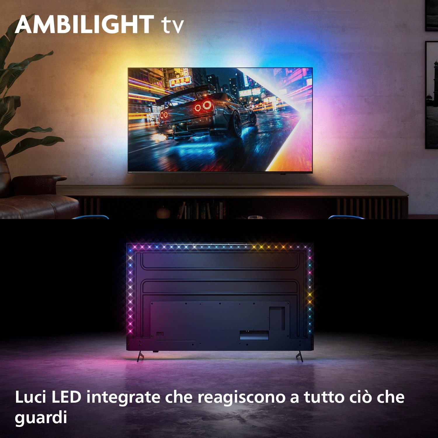 Una TV Ambilight su supporto con luci LED posteriori che proiettano colori vivaci sulla parete.