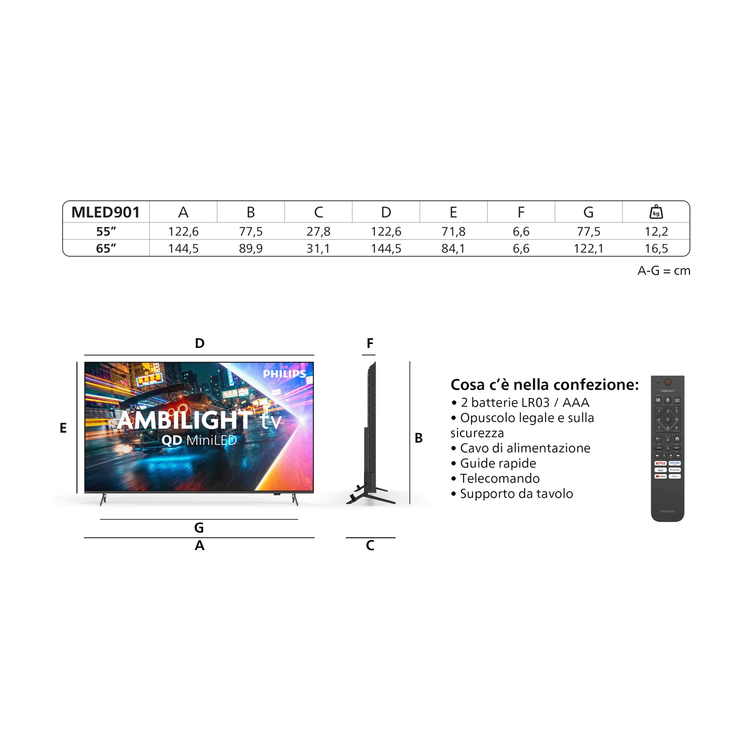 Schema con dimensioni TV, vista laterale, contenuto della confezione e telecomando.