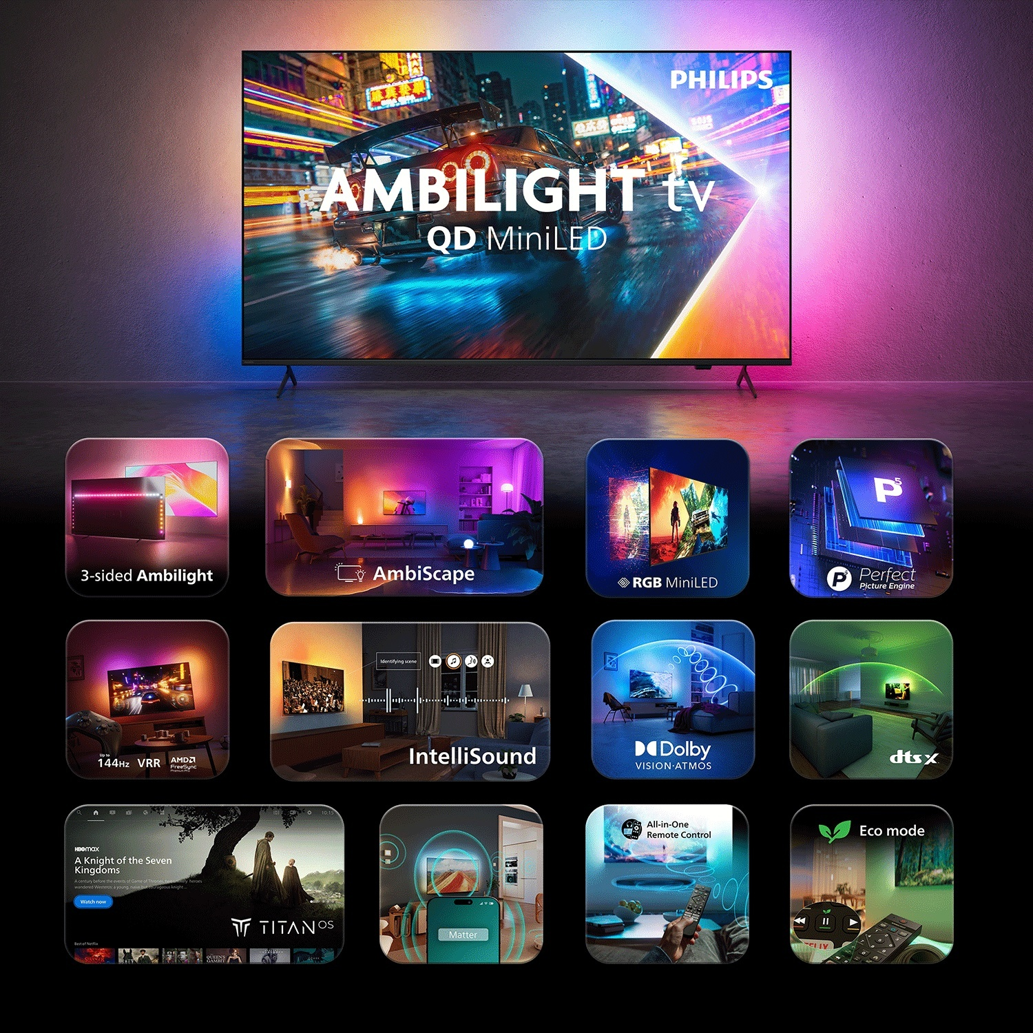 TV Philips Ambilight che mostra una scena di guida, con icone di funzioni in basso.