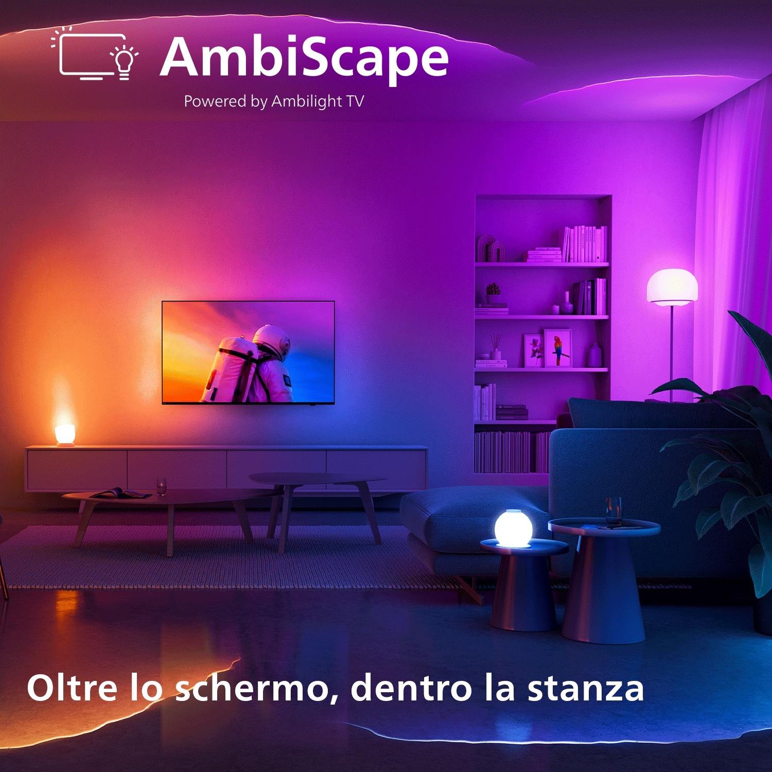 Soggiorno con TV, illuminato in vivaci tonalità di arancione e blu.