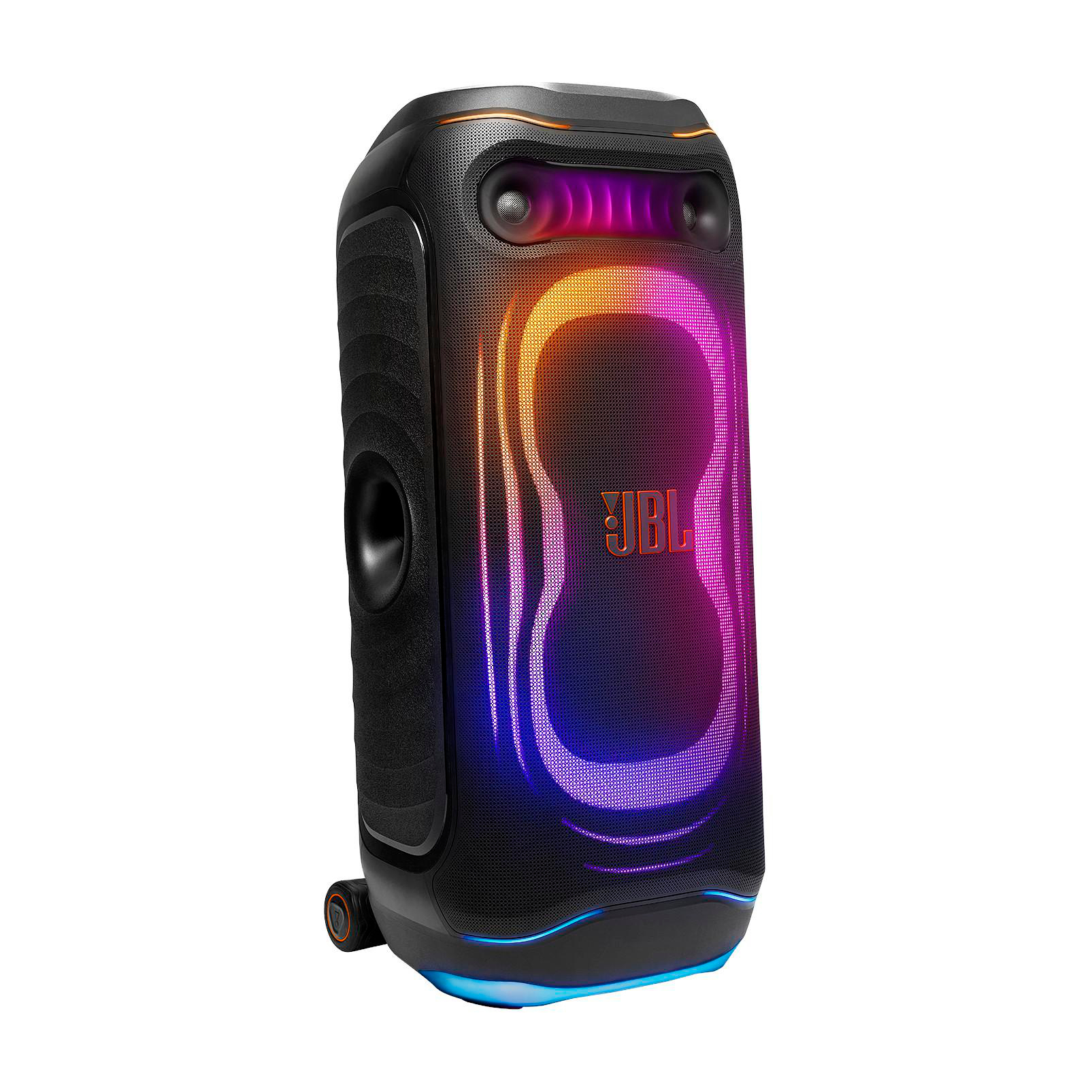 Ein schwarzer tragbarer JBL-Party-Lautsprecher mit leuchtenden orange- und purpurfarbenen LEDs.
