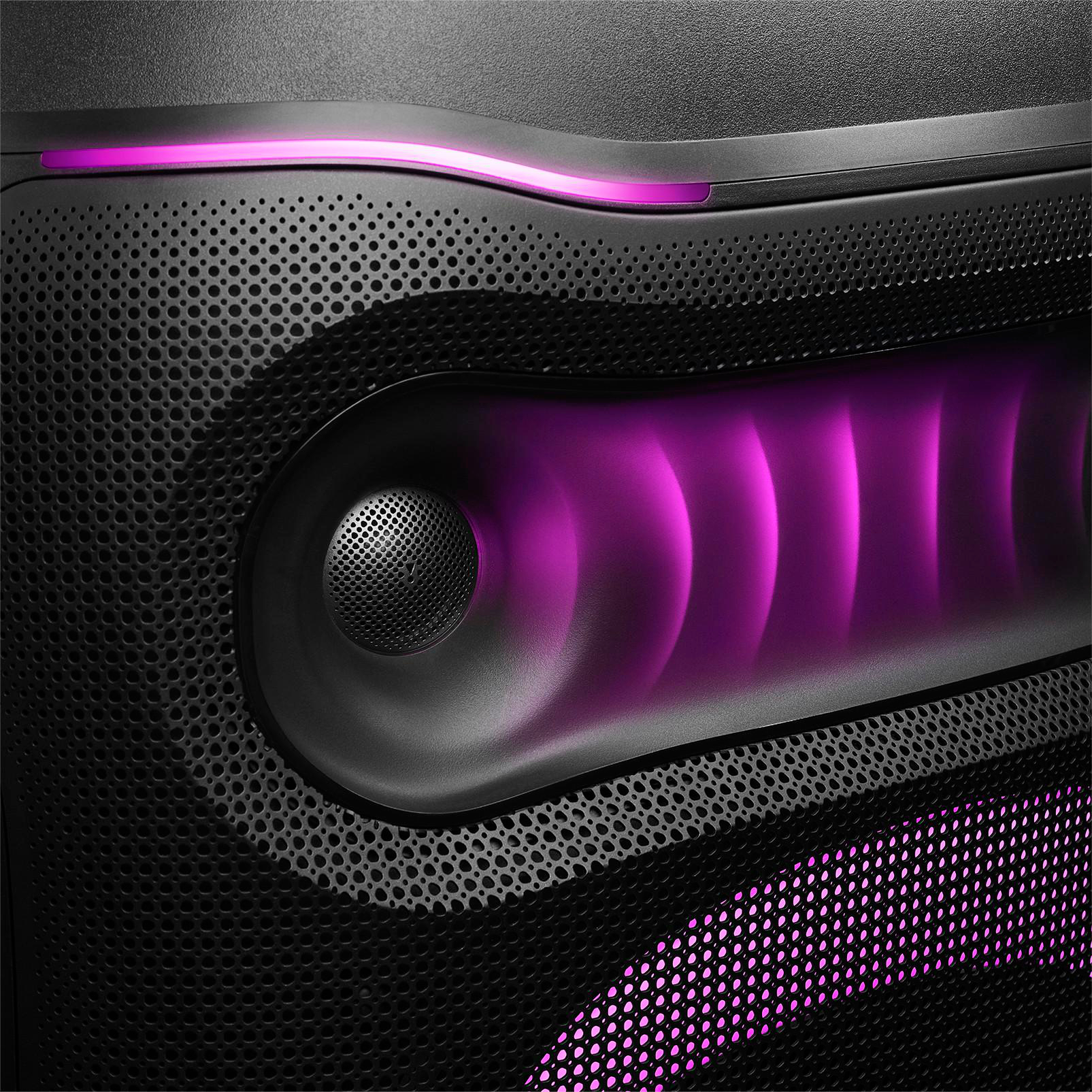 Schwarzer Lautsprecher mit perforiertem Gitter und lebhafter pinker LED-Beleuchtung.