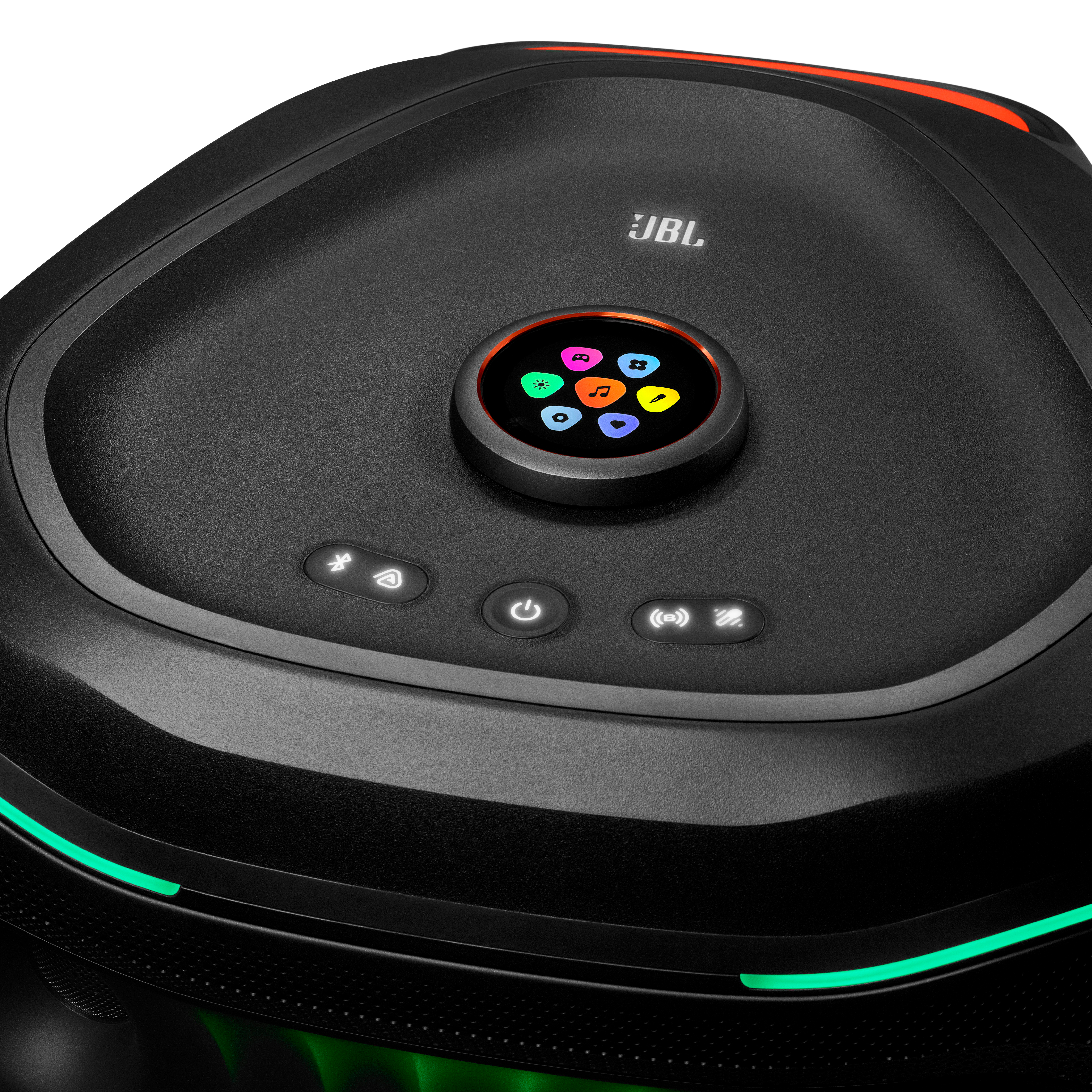 Top-Ansicht eines schwarzen JBL Partybox-Lautsprechers mit beleuchteten Steuertasten und grünem Licht am unteren Rand.