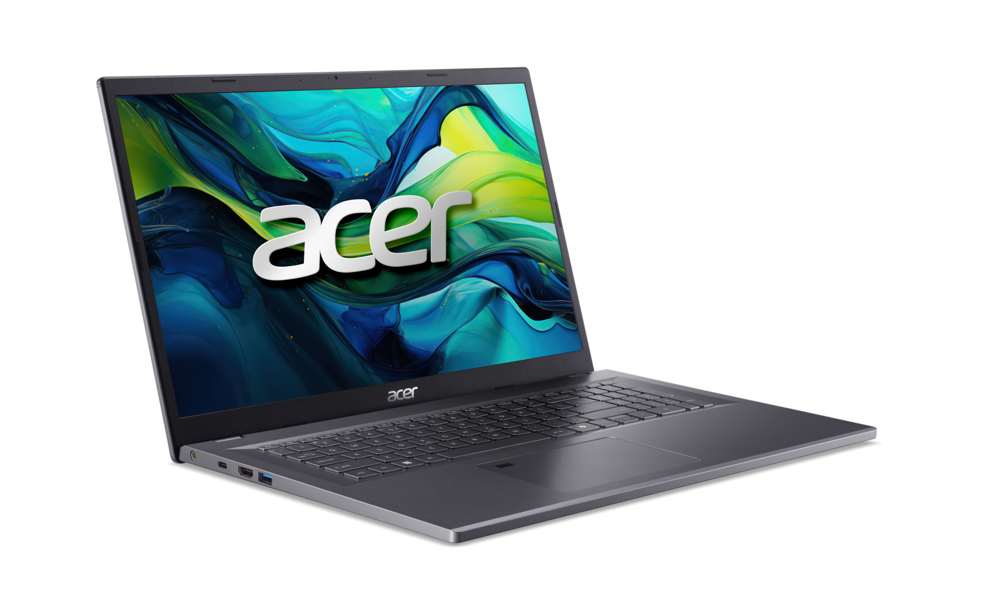 Ein grauer Acer-Laptop auf schwarzem Hintergrund mit farbenfrohem Wallpaper.