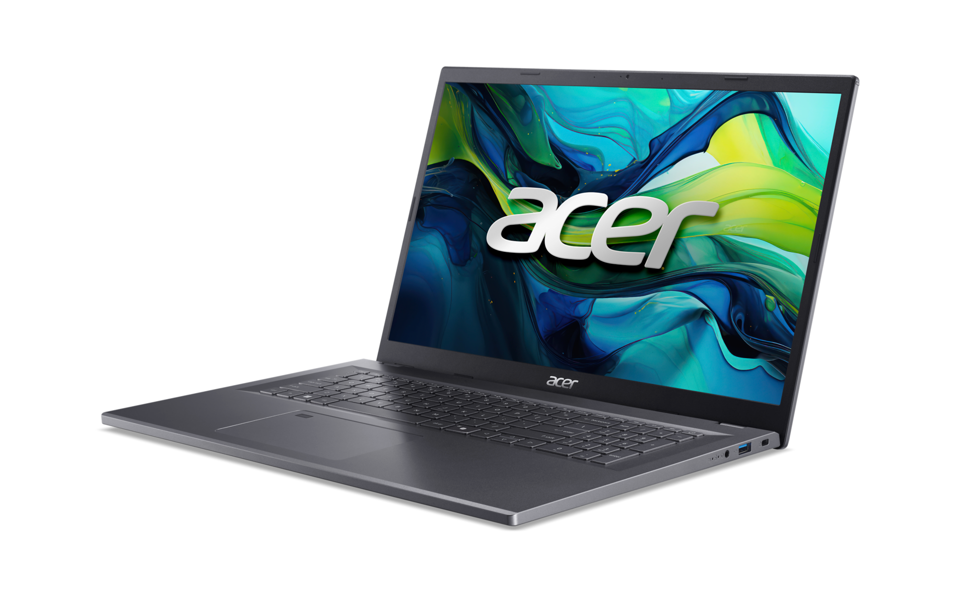 Ein grauer Acer-Laptop auf schwarzem Hintergrund mit einem bunten Bildschirmhintergrund.