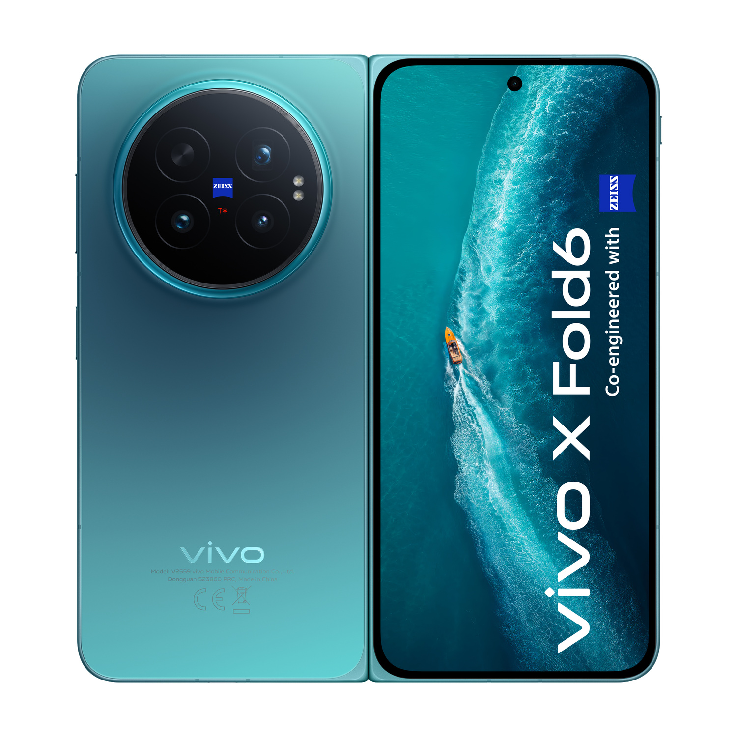 Smartphone turchese Vivo X Fold6 con fotocamera Zeiss circolare sul retro e sfondo con barca sullo schermo.