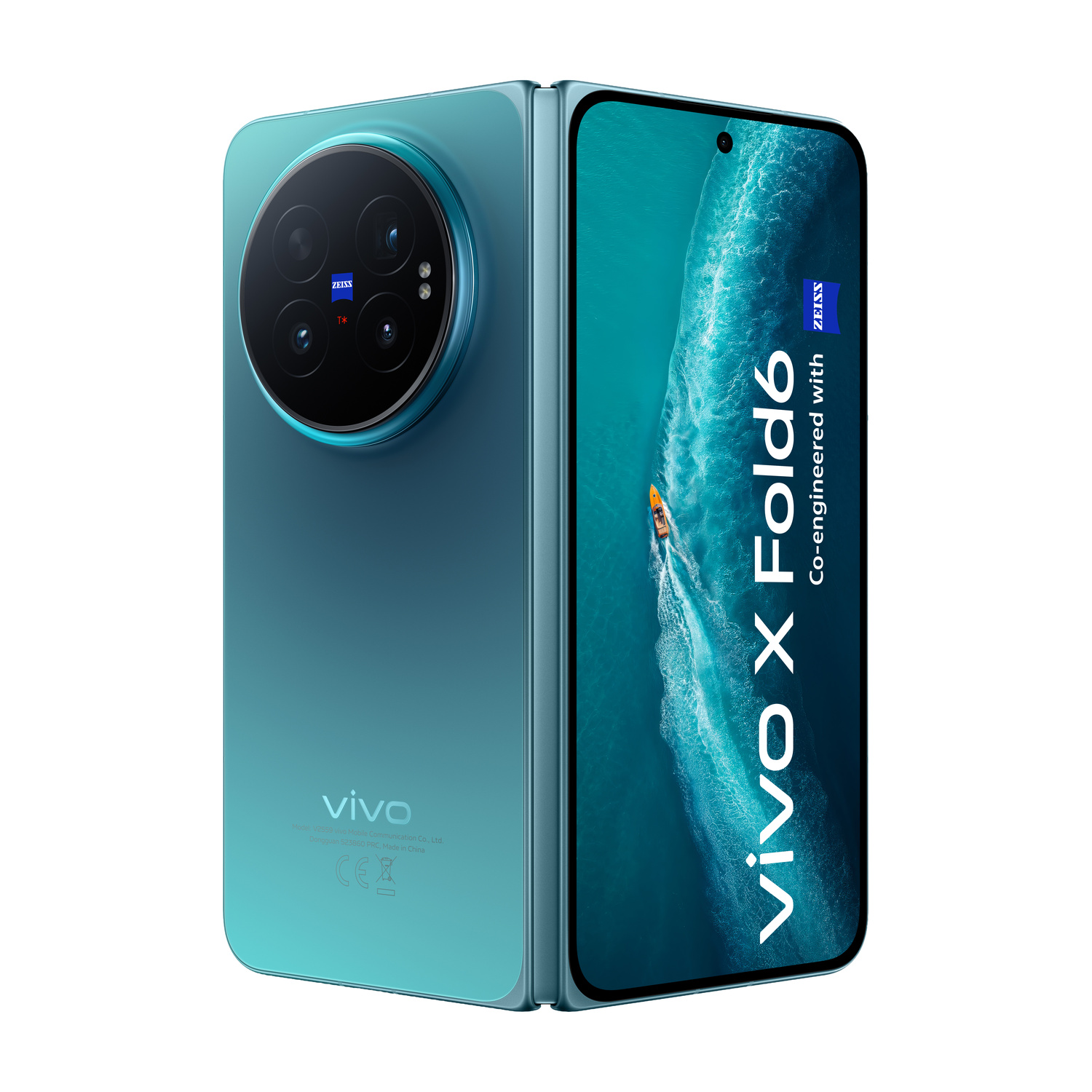 Uno smartphone turchese Vivo X Fold6 mostra il retro della fotocamera e lo schermo anteriore con acqua.
