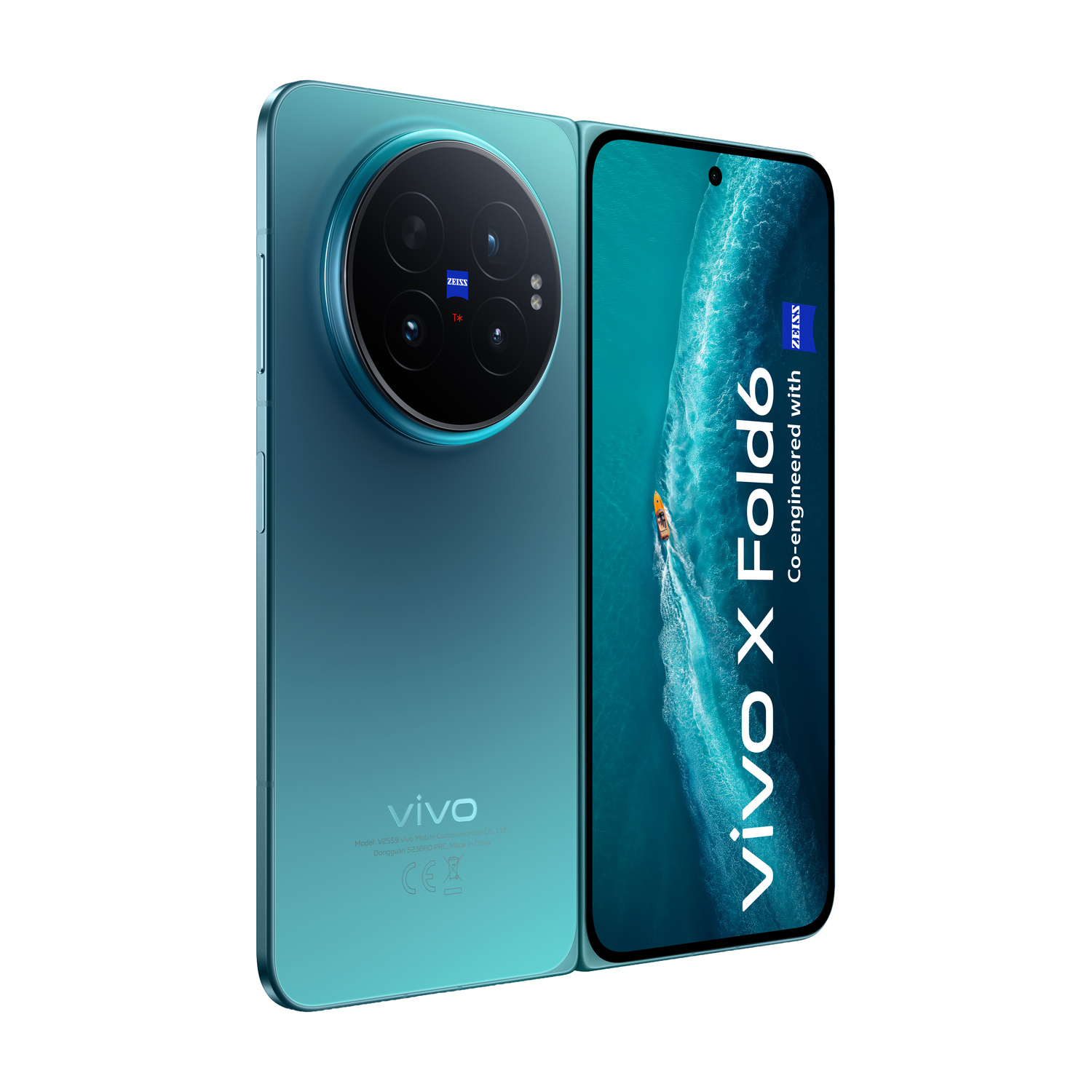 Uno smartphone Vivo X Fold6 verde acqua è in piedi, mostrando il modulo fotocamera e lo schermo.