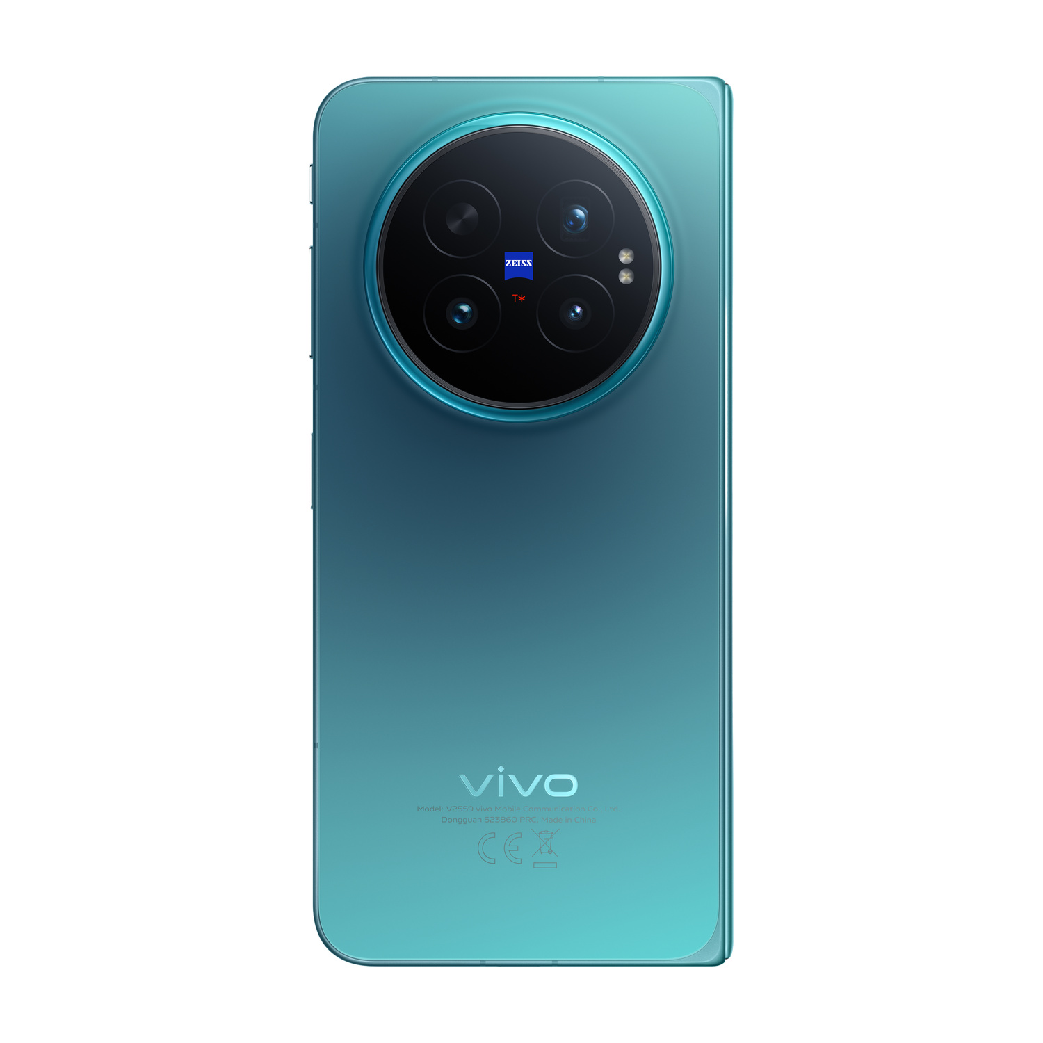 Il retro di uno smartphone vivo verde acqua con un grande modulo fotocamera rotondo in alto e loghi.