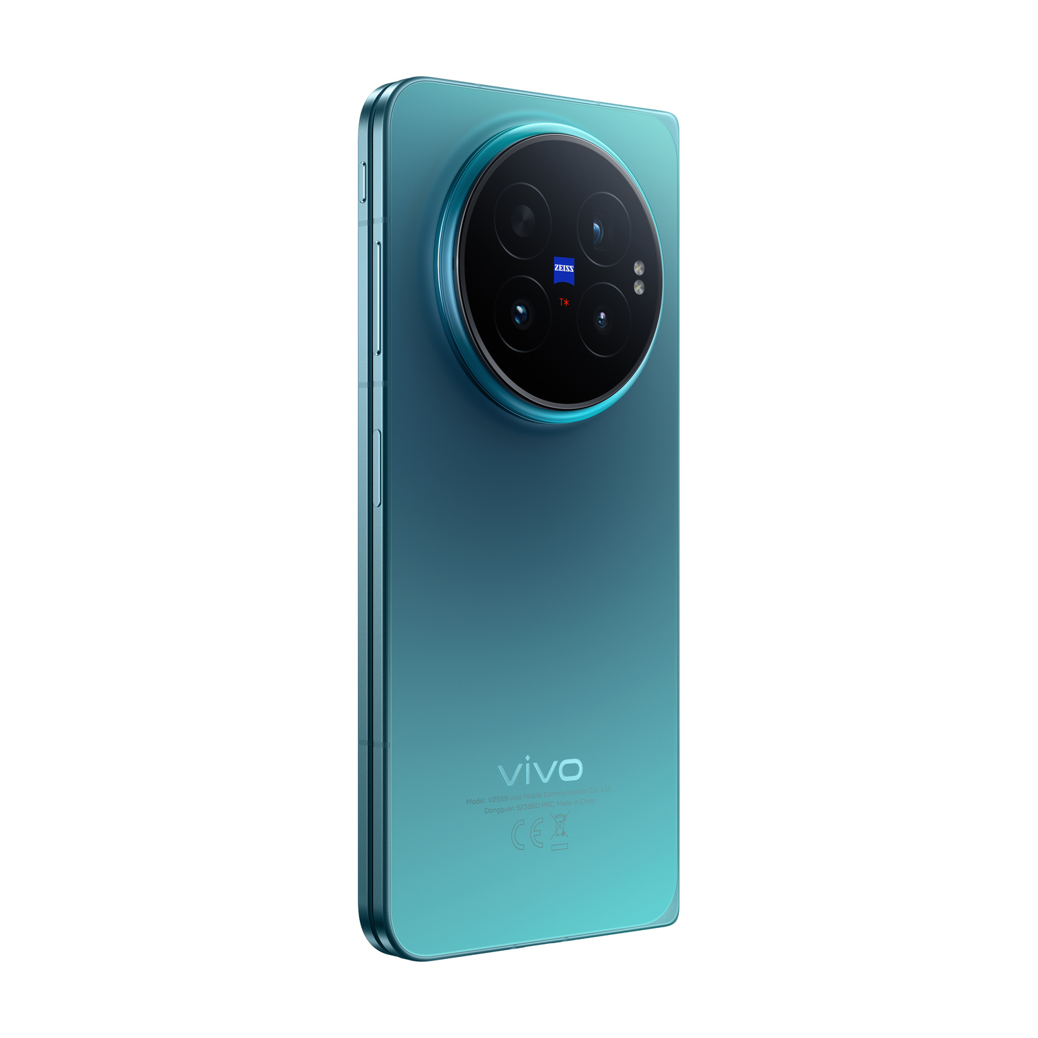 Retro di uno smartphone vivo azzurro con un ampio modulo fotocamera rotondo.