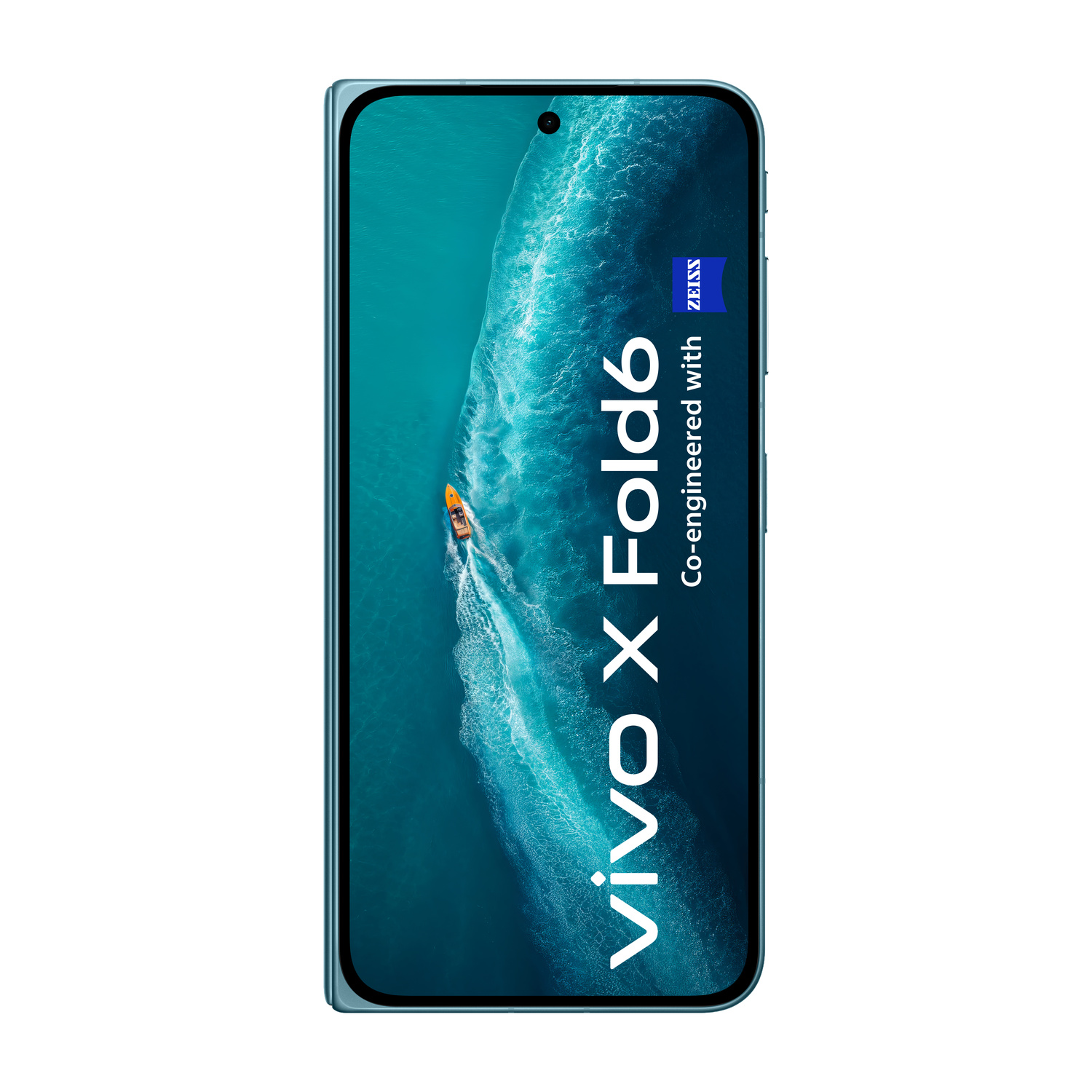 Smartphone Vivo X Fold6 con sfondo di una barca in acqua turchese.