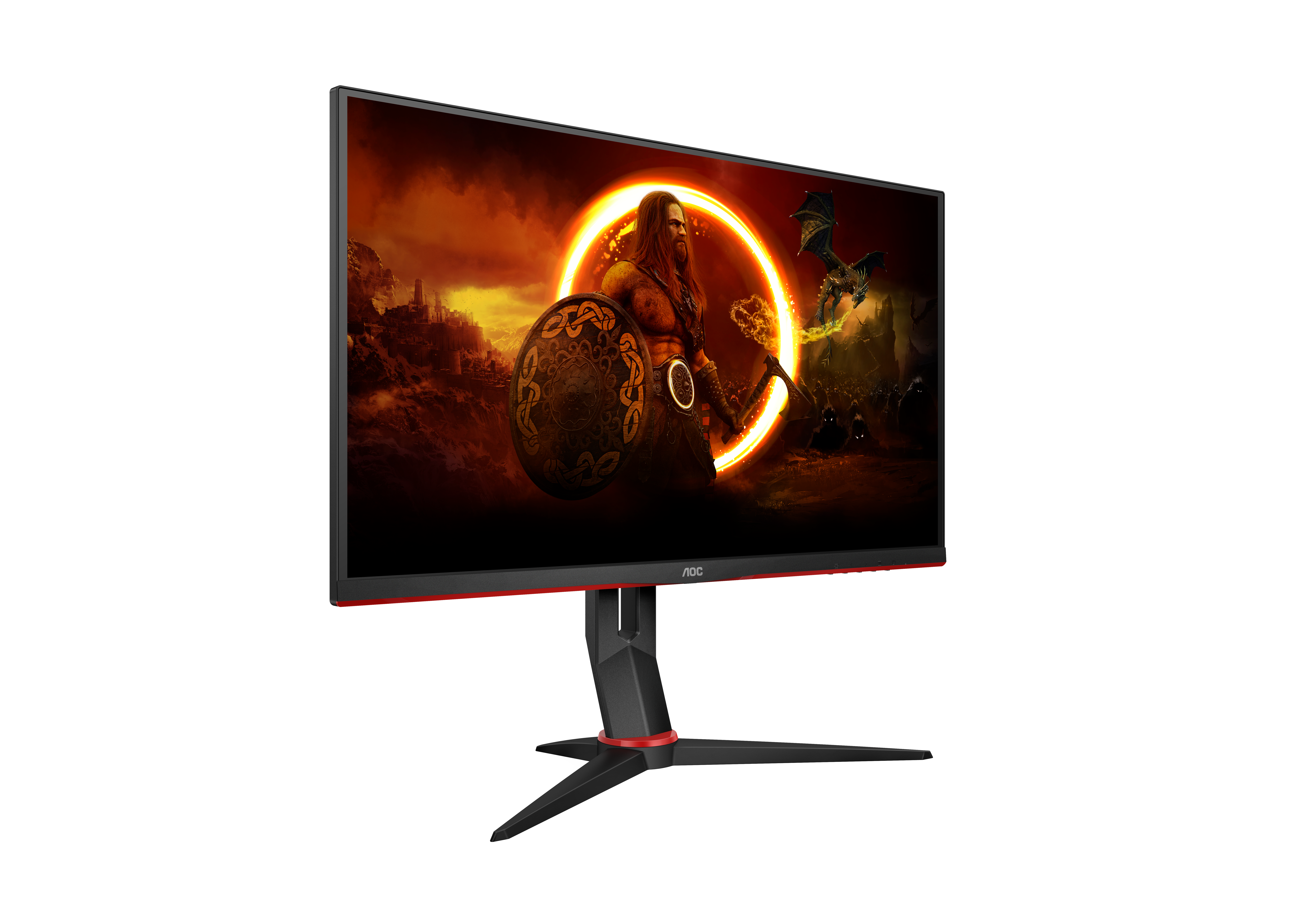 Ein schwarzer Computermonitor auf einem Ständer zeigt eine Fantasy-Gamer-Szene mit Krieger und Drachen.