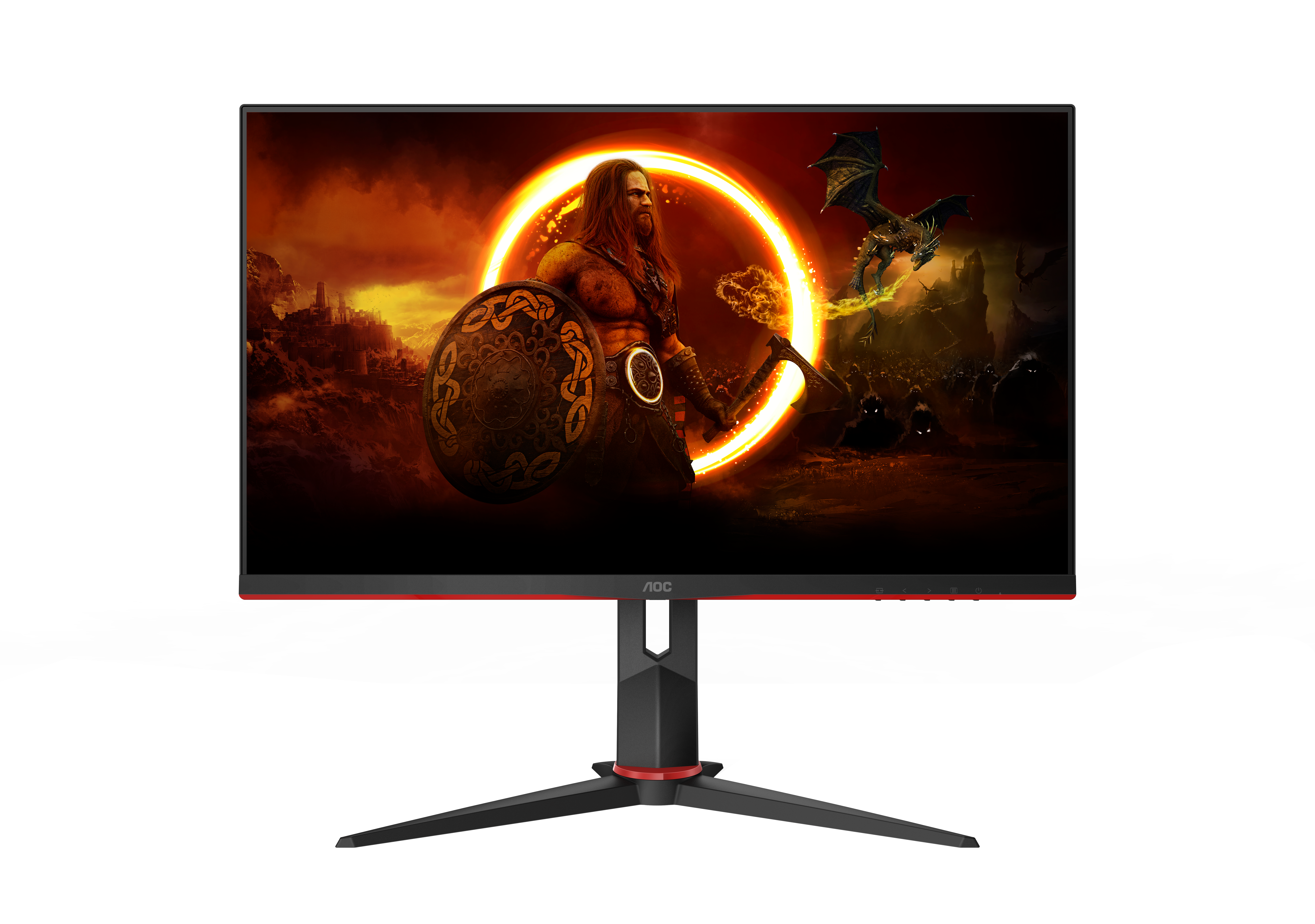 AOC-Gaming-Monitor mit einem Fantasy-Hintergrundbild mit einem Krieger und einem Drachen.