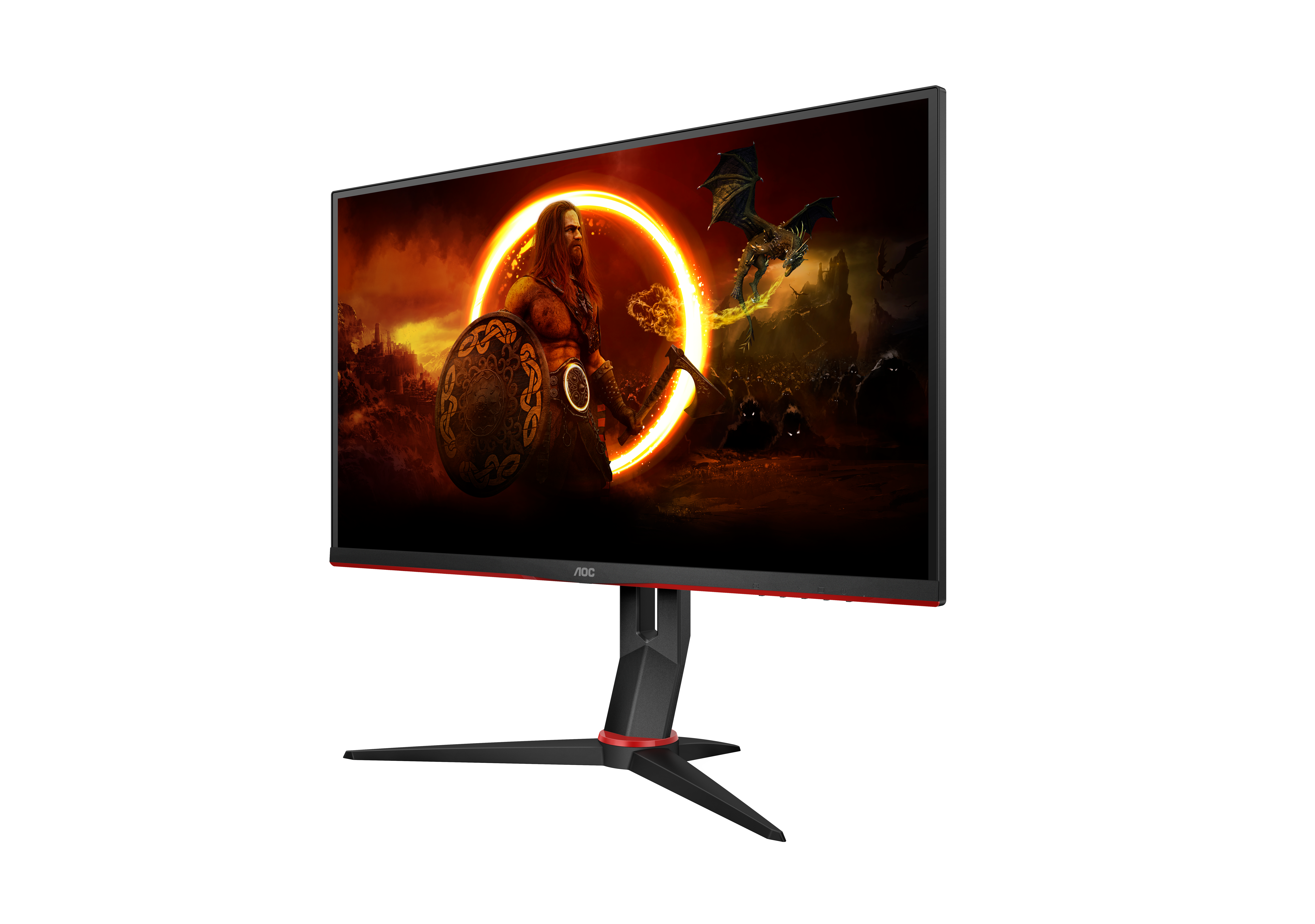 Ein schwarzer AOC-Gaming-Monitor zeigt eine Fantasy-Szene mit einem Krieger und einem Drachen vor einem leuchtenden Kreis.