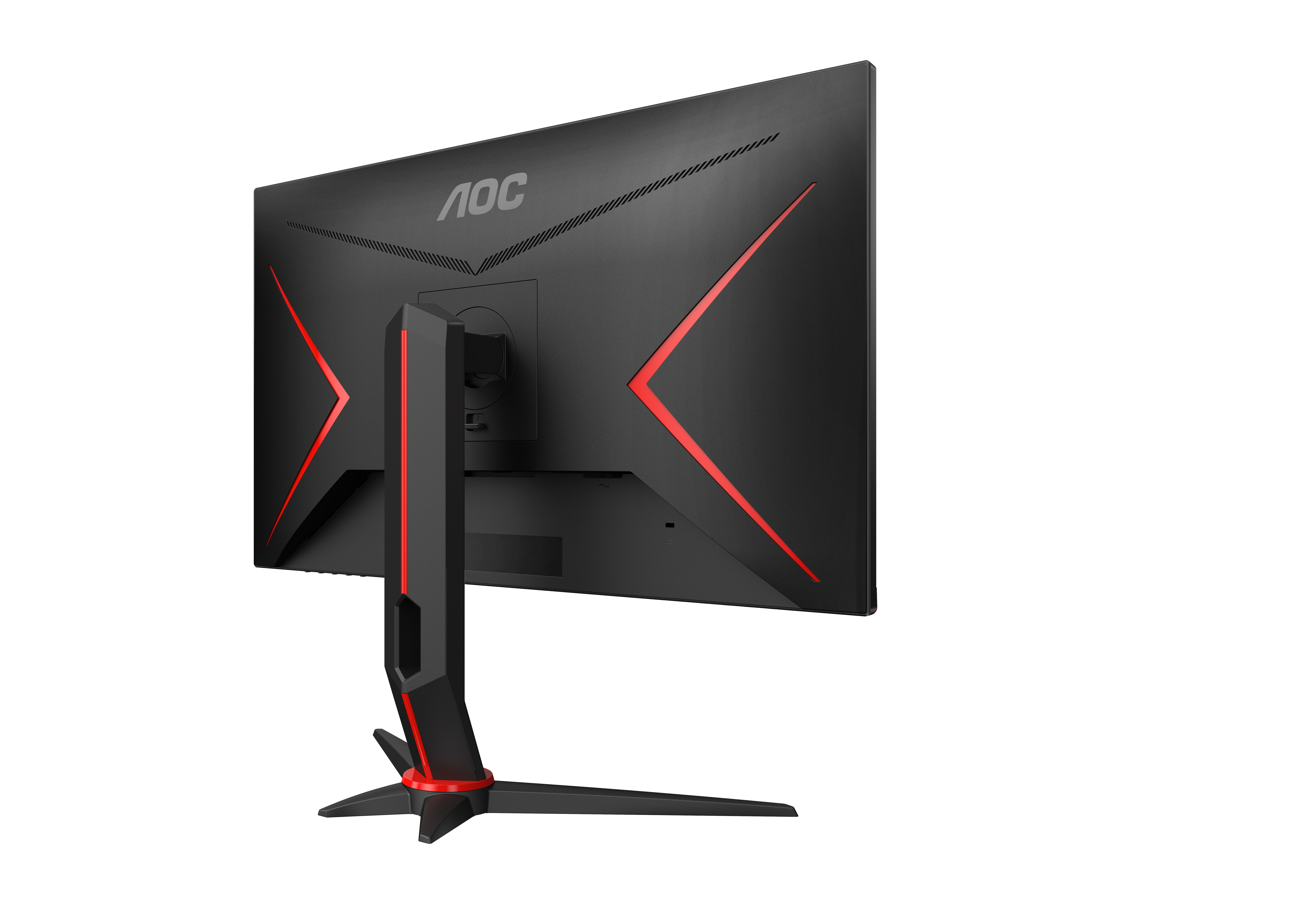Rückansicht eines schwarzen AOC-Gaming-Monitors mit roten Akzenten und einem stabilen Ständer auf weißem Hintergrund.