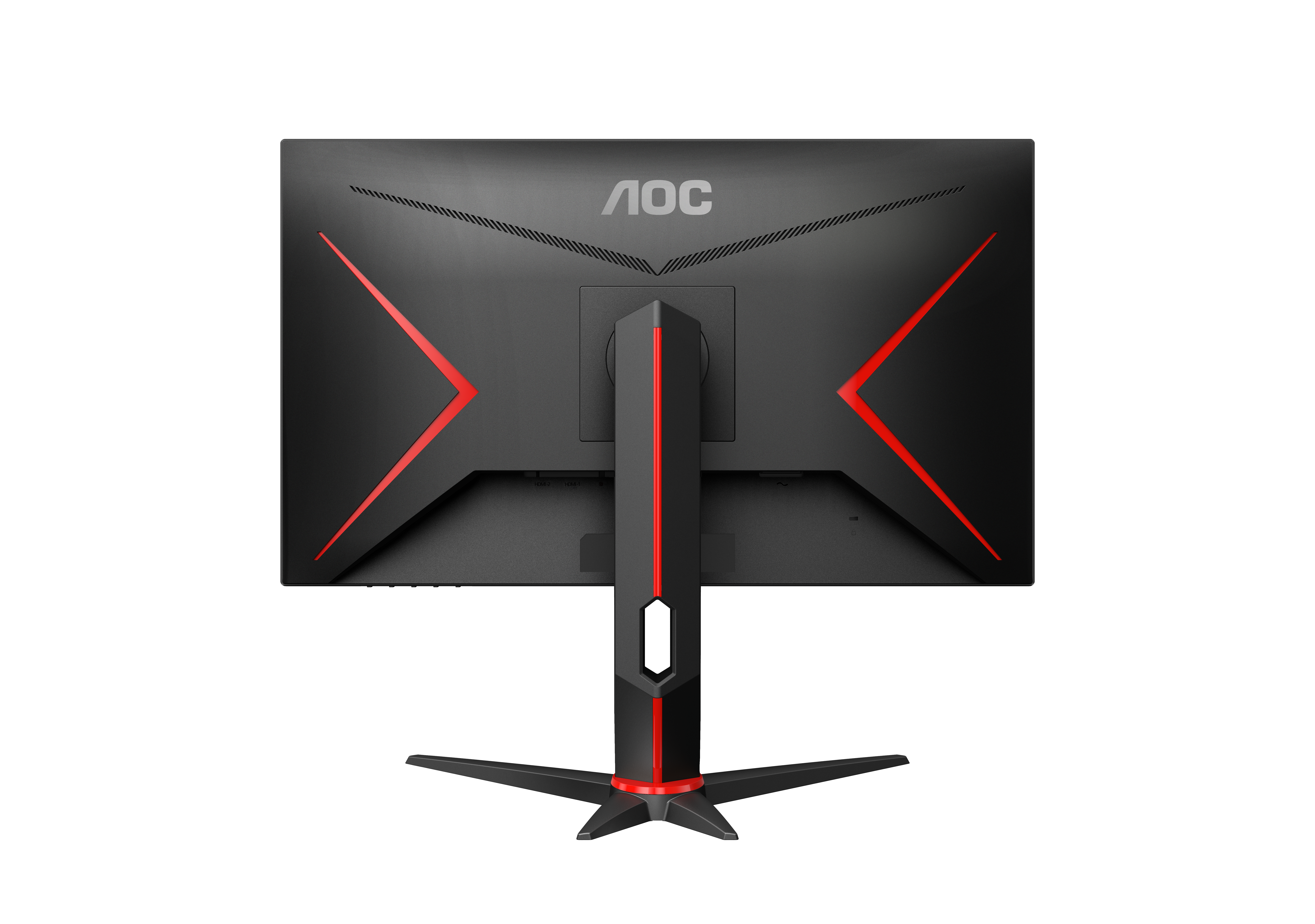 Rückseite eines schwarzen AOC-Monitors mit roten Akzenten und einem stabilen Ständer auf weißem Hintergrund.