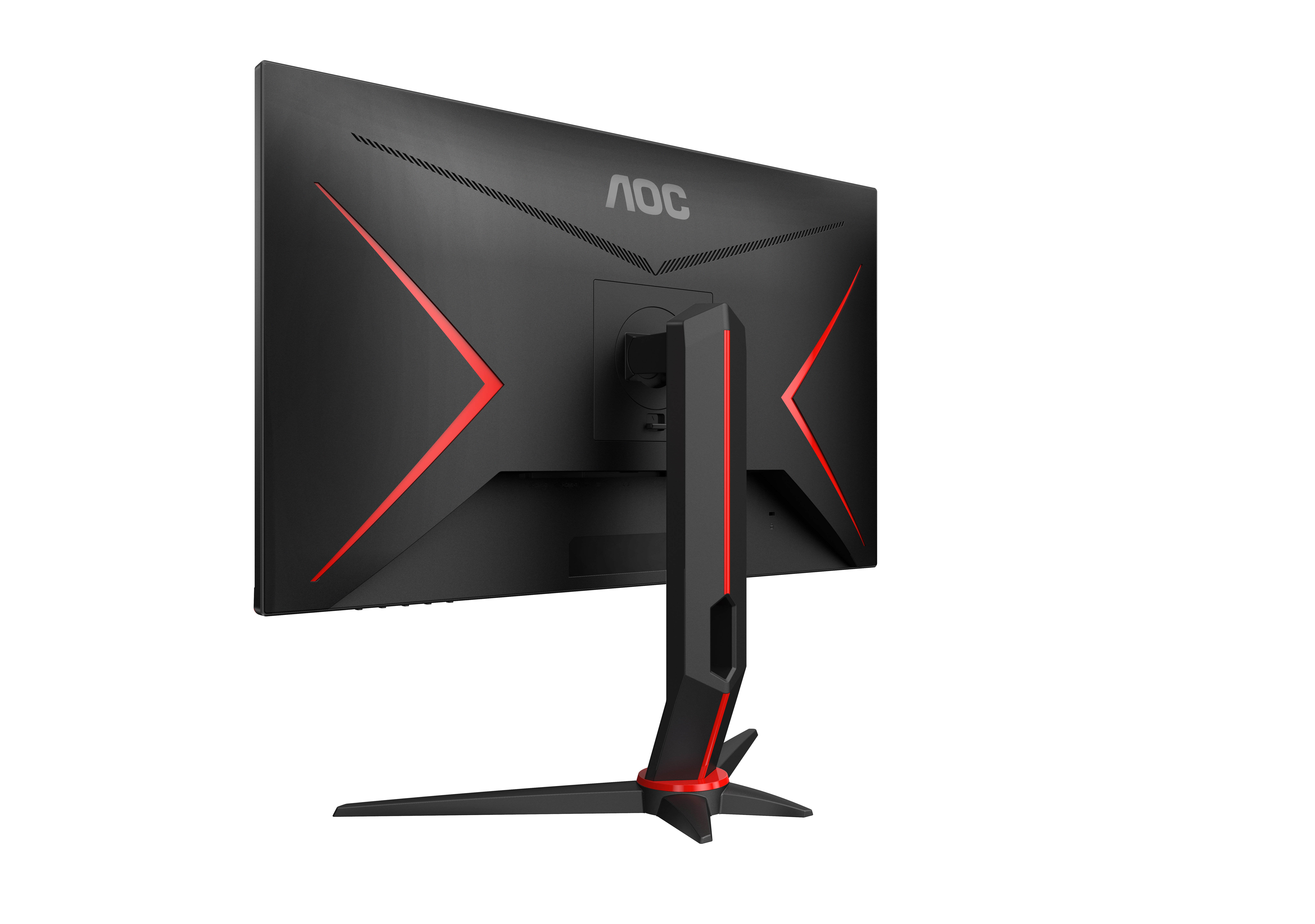 Rückseite eines schwarzen AOC Gaming-Monitors mit roten Akzenten und einem stabilen Ständer auf weißem Hintergrund.