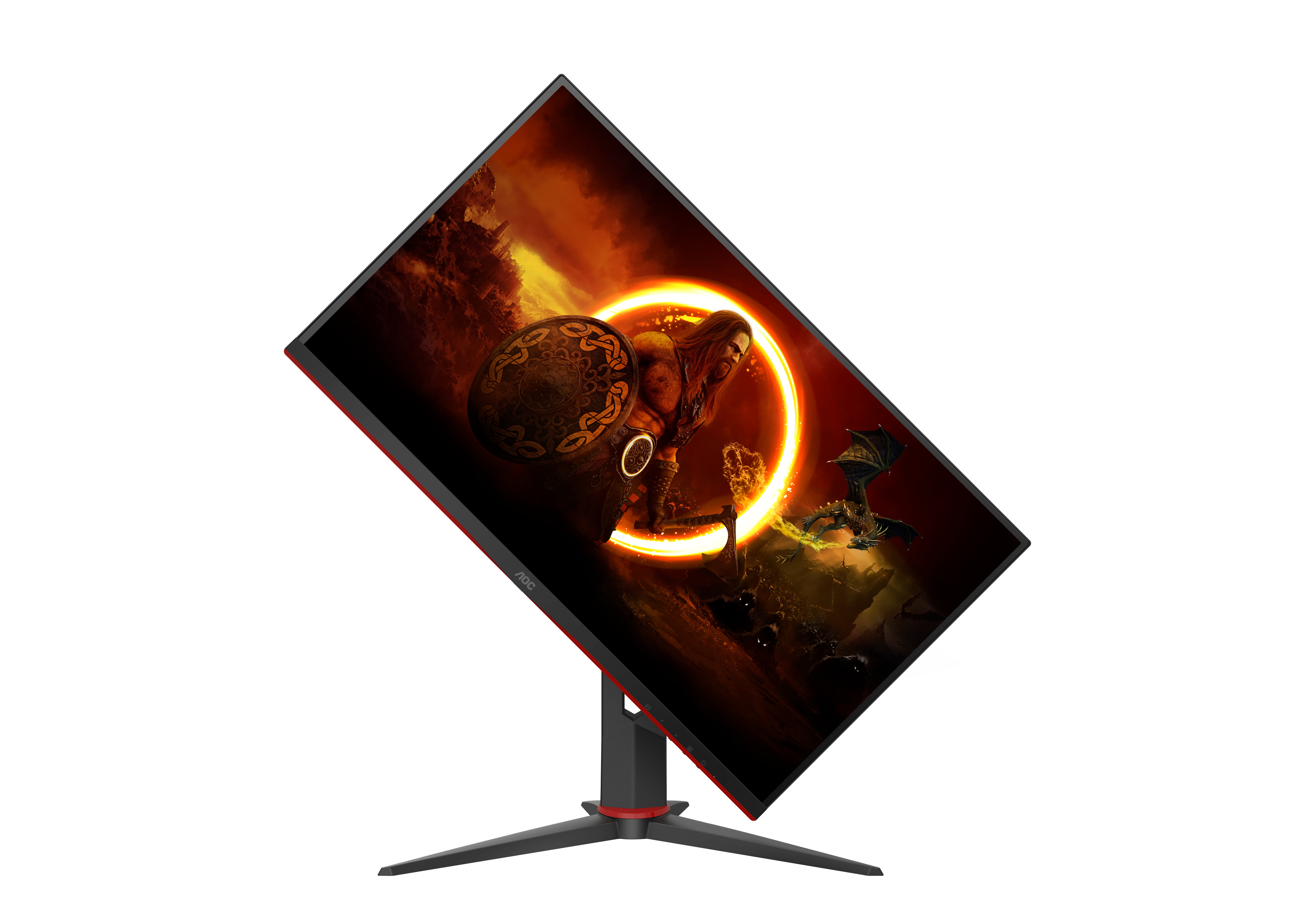 Ein schwarzer Gaming-Monitor mit rotem Akzent zeigt eine Fantasy-Szene mit einem Krieger und einem goldenen Ring.