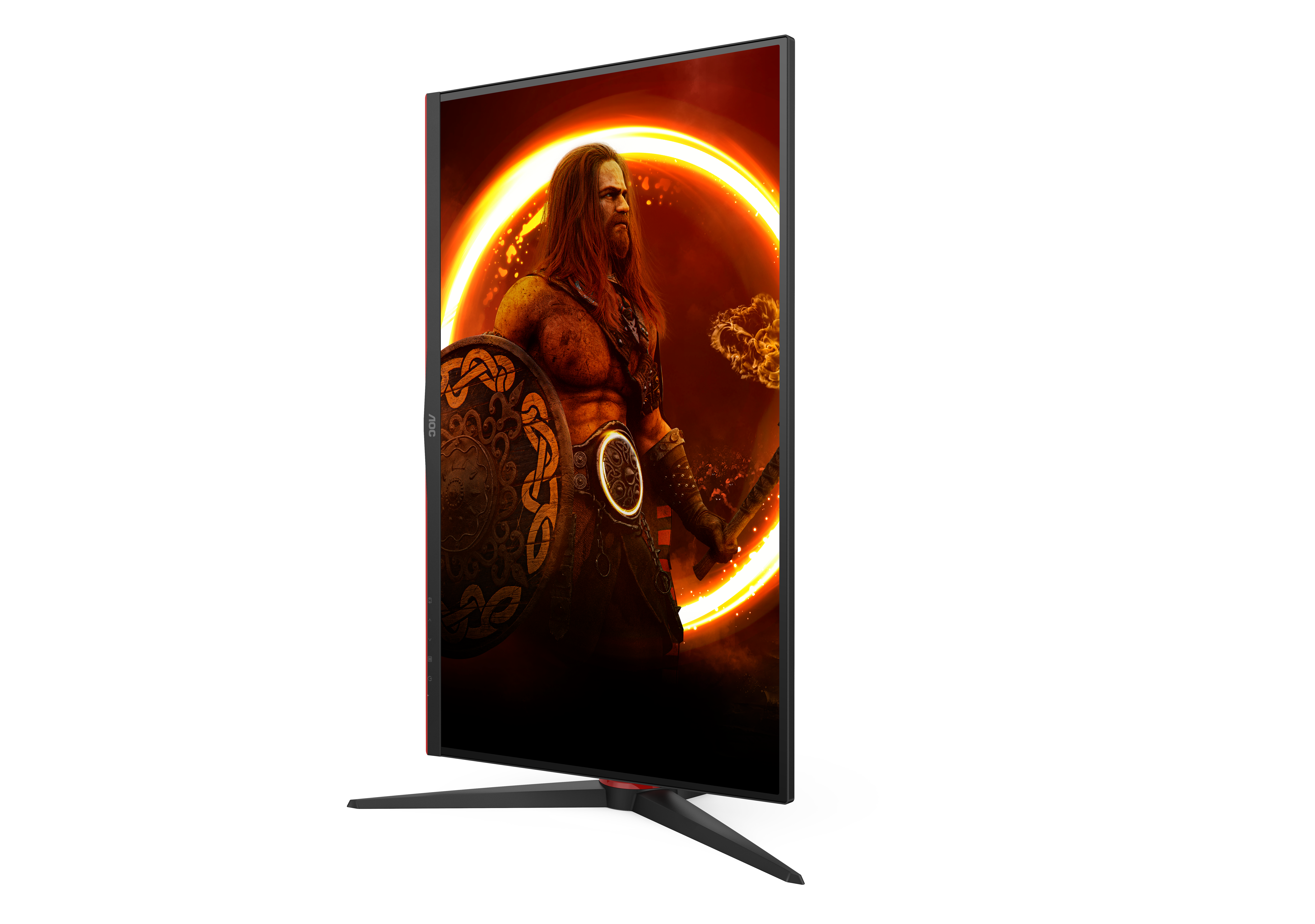 Ein senkrechter Monitor zeigt einen Wikingerkrieger vor einem leuchtenden Ring.
