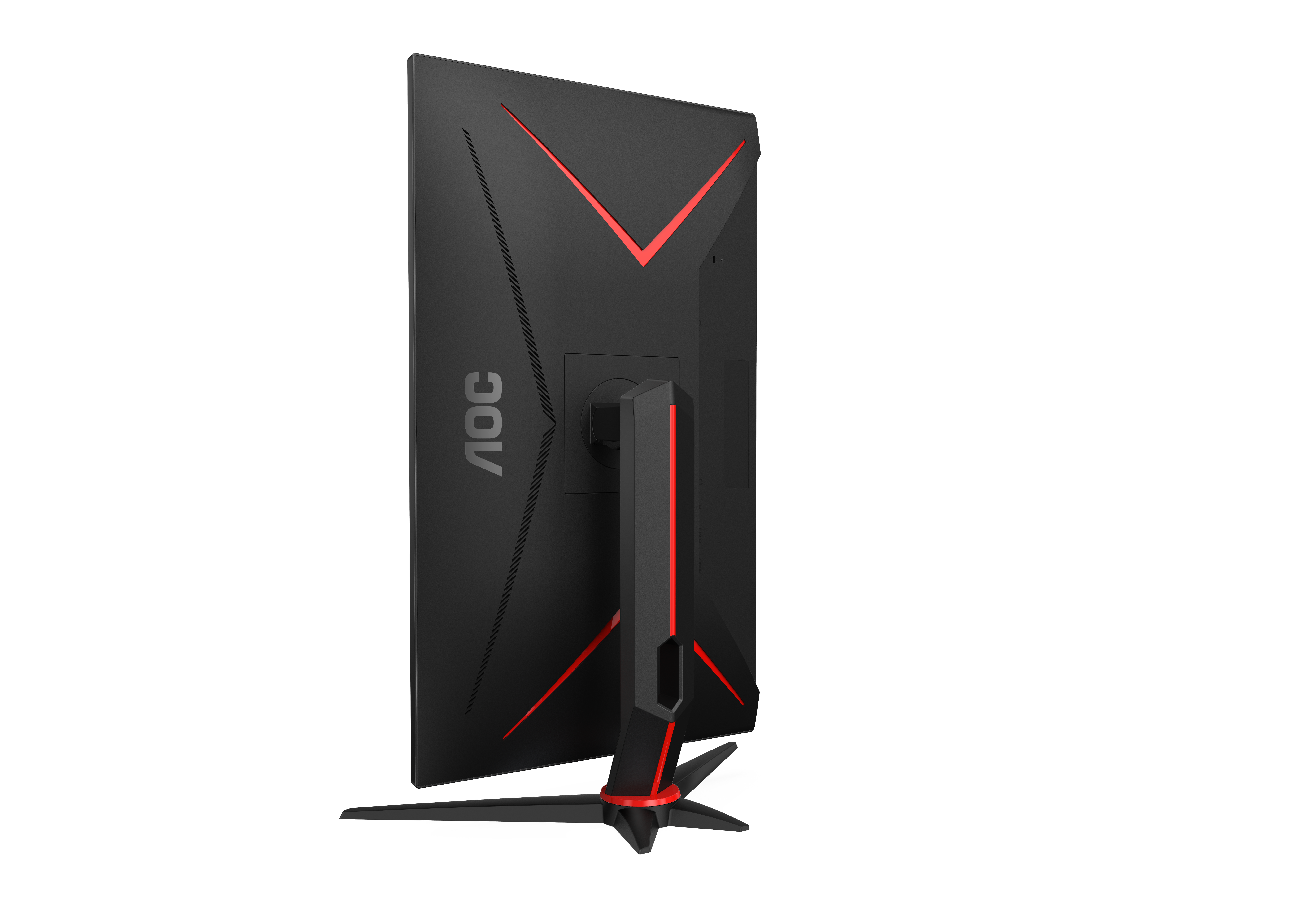 Rückseite eines schwarzen AOC-Gaming-Monitors mit roten V-förmigen Akzenten und einem stabilen Fuß.