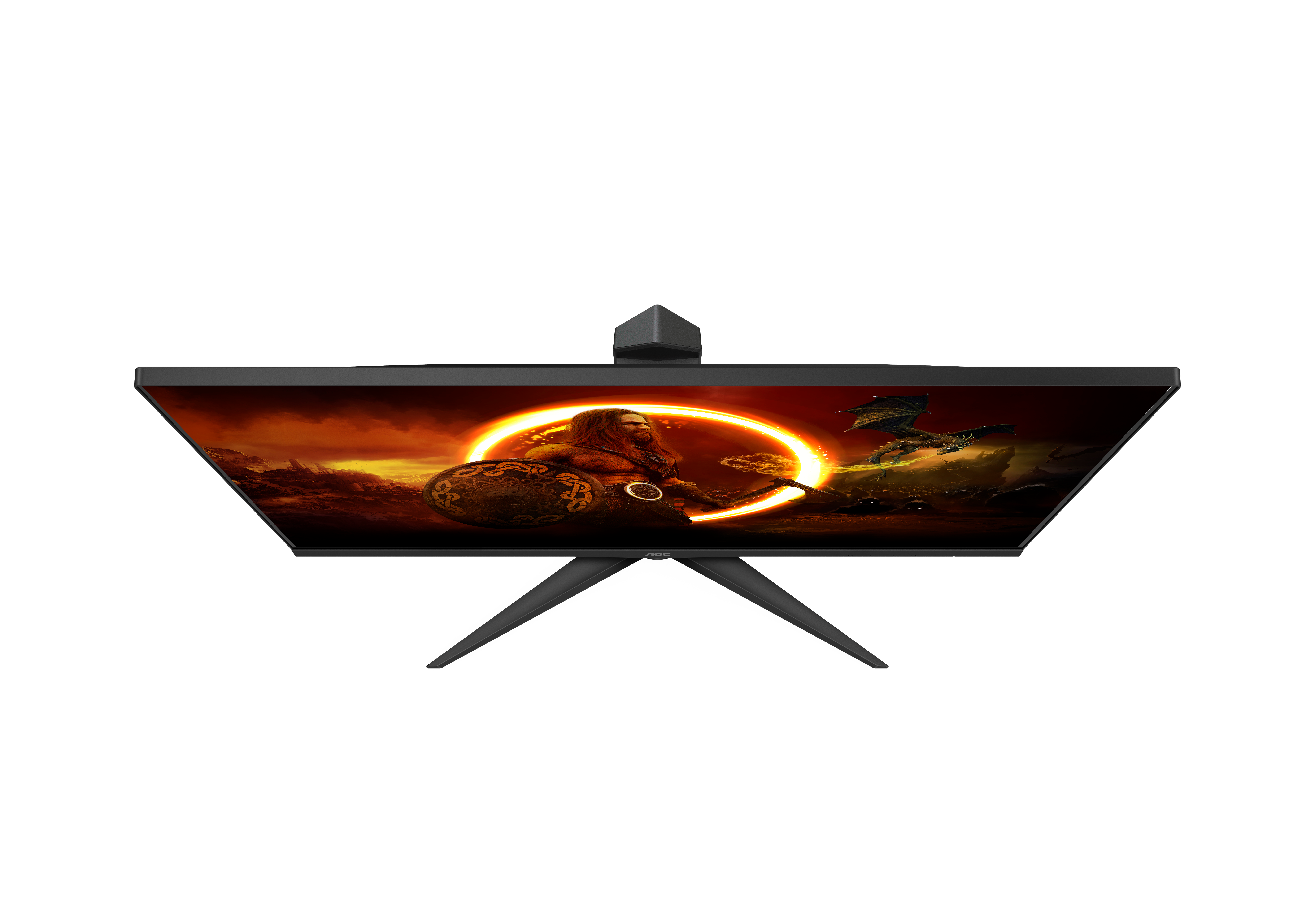 Ein breiter Gaming-Monitor zeigt eine Fantasieszene mit Krieger, leuchtendem Ring und Drache auf schwarzem Standfuß.