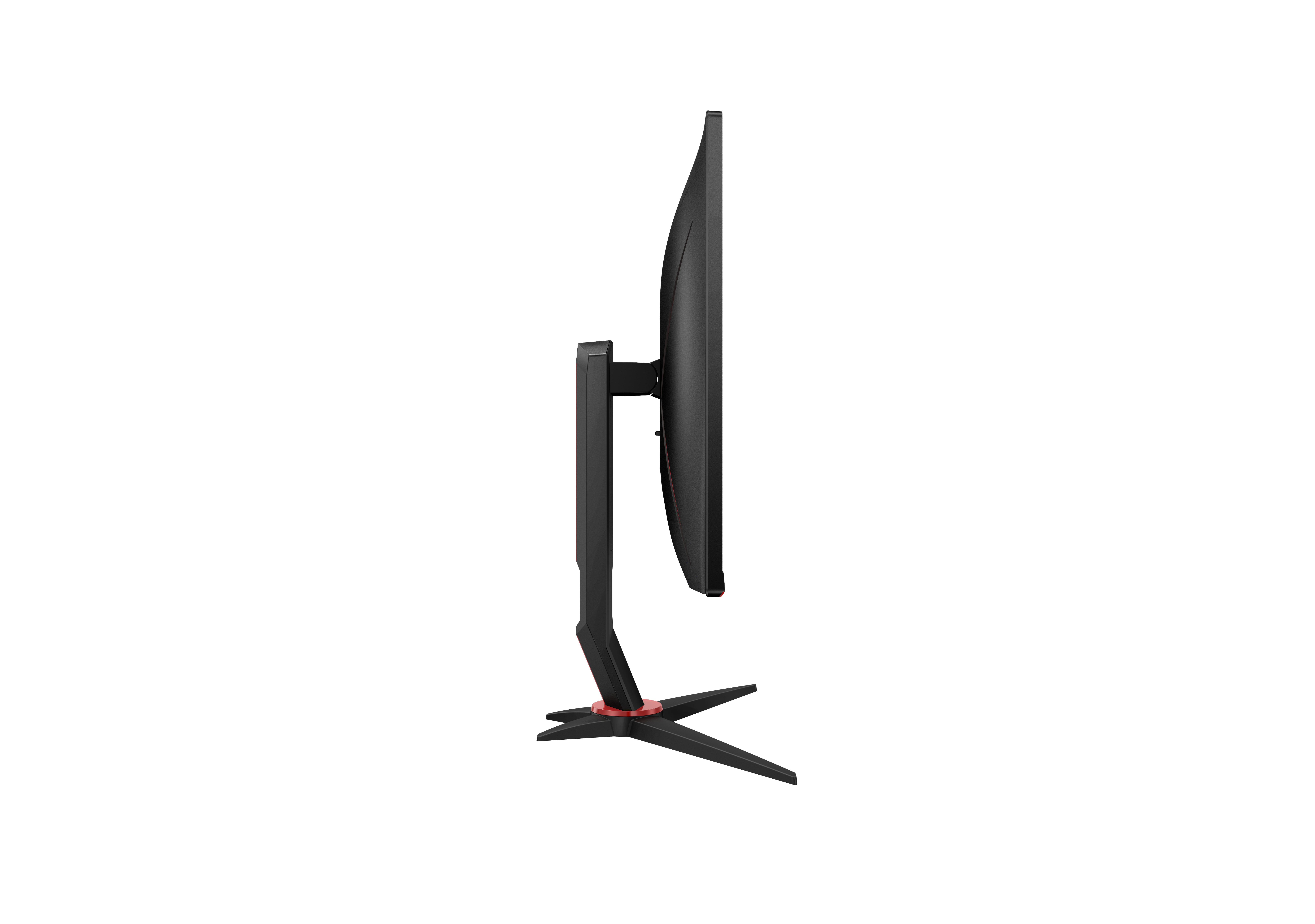 Seitenansicht eines schwarzen Computermonitors mit einem roten Ring am Standfuß vor schwarzem Hintergrund.