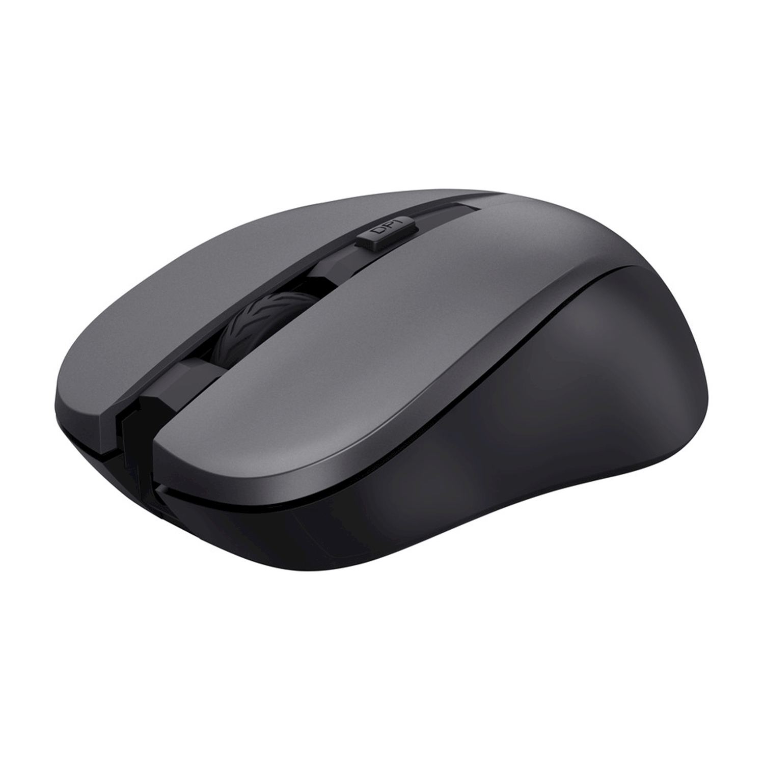 Un mouse per computer wireless grigio e nero con rotellina di scorrimento e pulsante DPI su sfondo bianco.