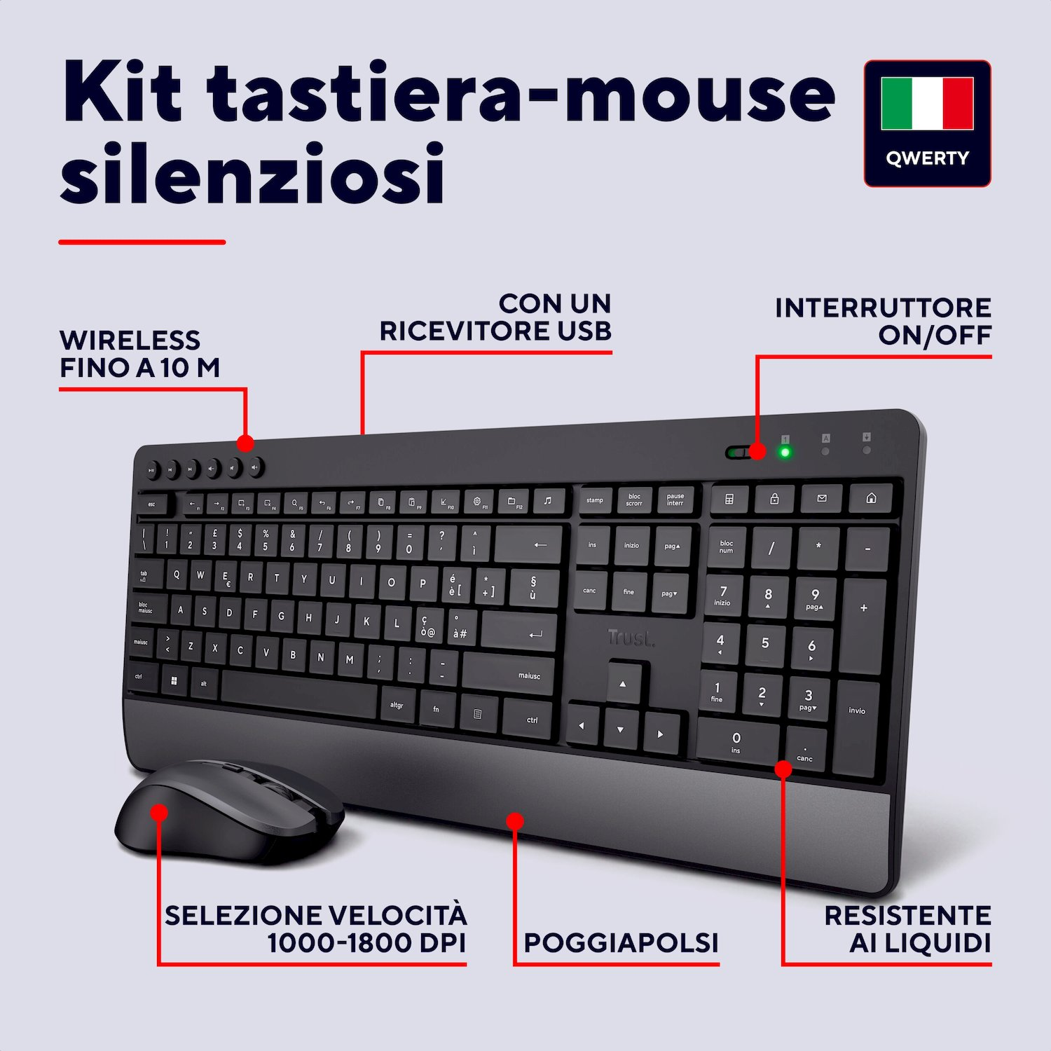 Un set di tastiera e mouse wireless neri con layout italiano, design resistente ai liquidi e selezione DPI.