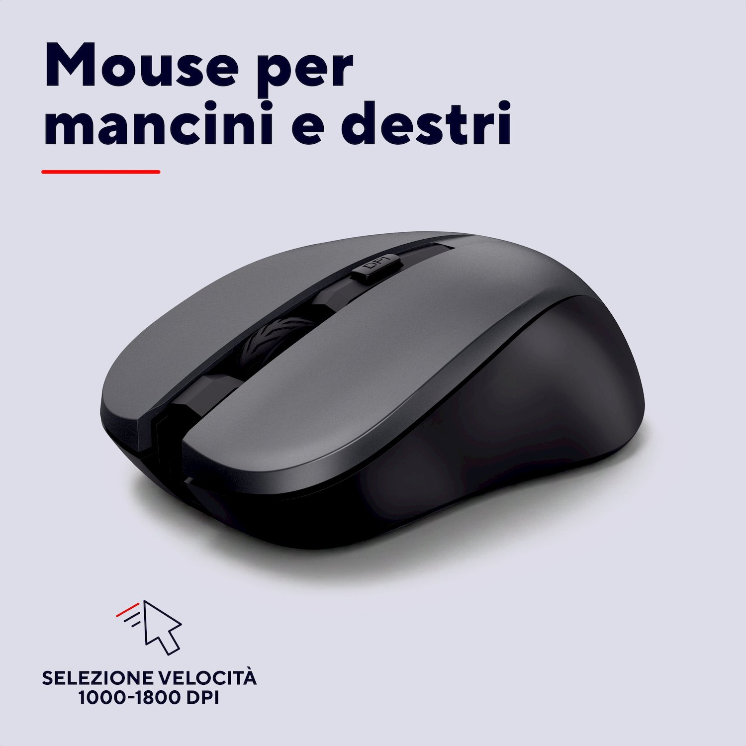 Mouse per computer wireless grigio su sfondo chiaro con testo in italiano in alto.