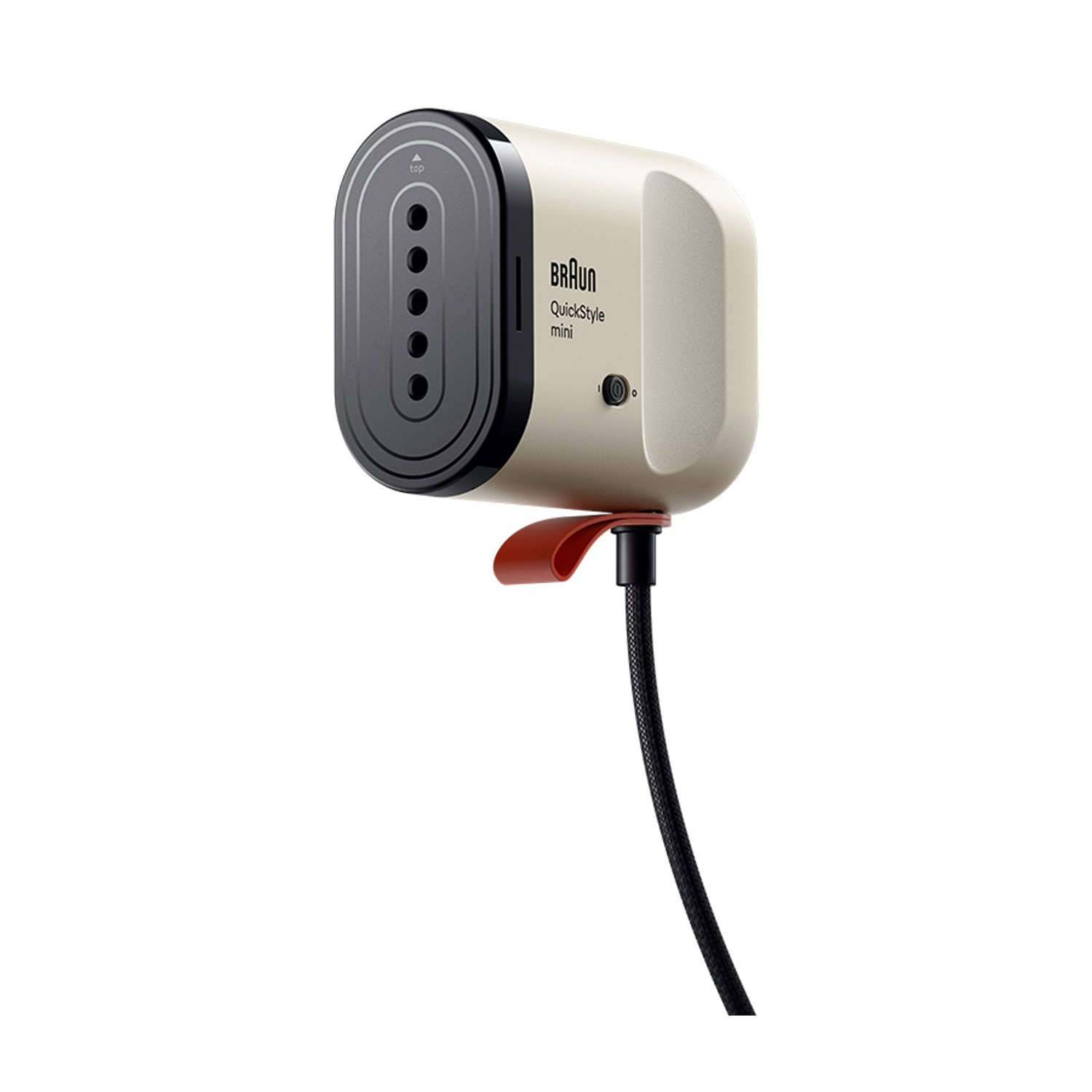 Uno stiratore verticale portatile beige Braun QuickStyle mini con testina a vapore nera e cavo di alimentazione nero.
