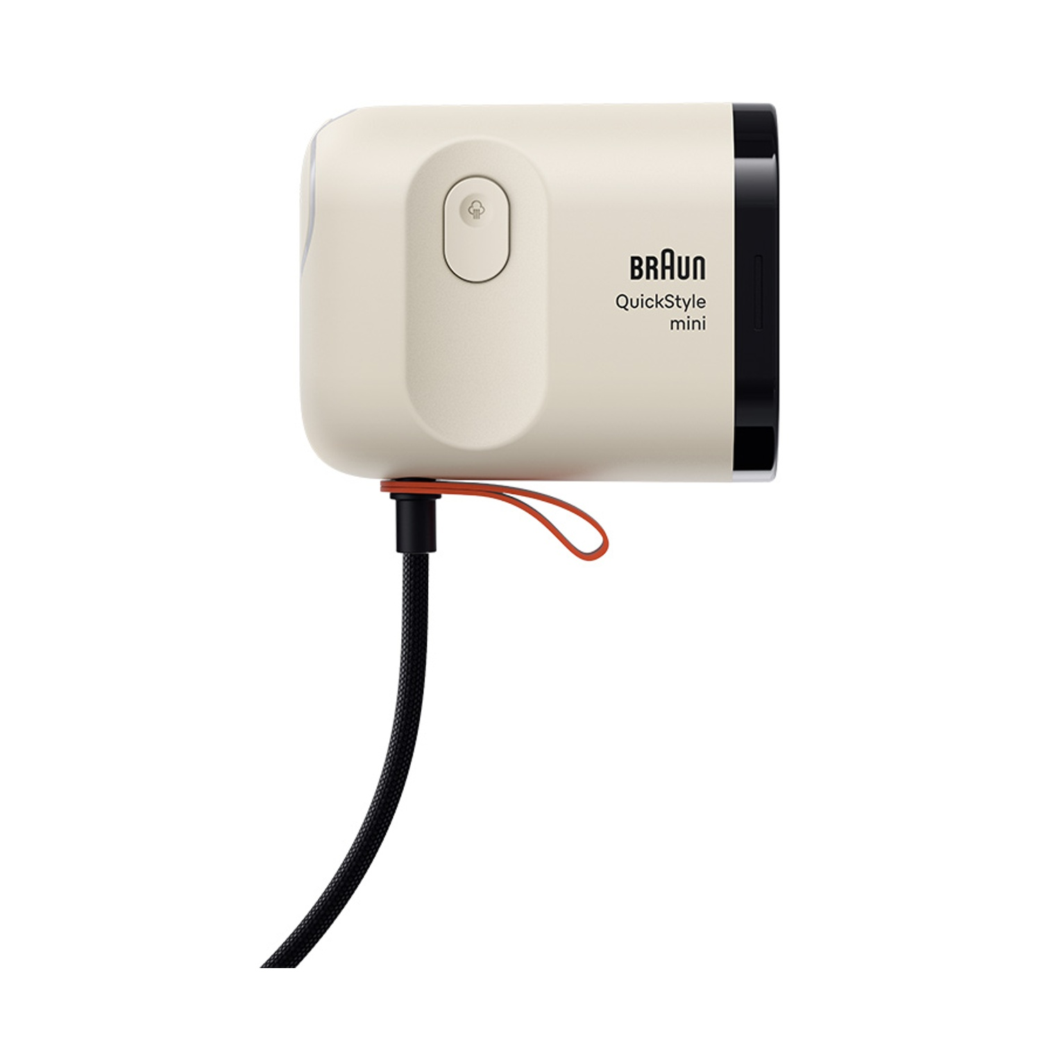 Un vaporizzatore Braun QuickStyle mini color crema con cavo nero e anello rosso su sfondo bianco.