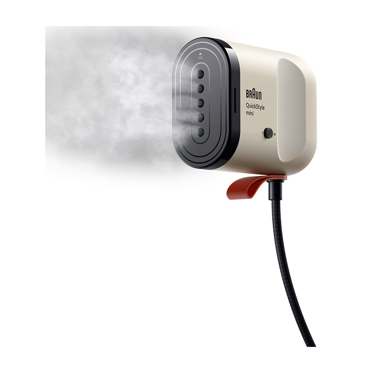 Un vaporizzatore per indumenti Braun QuickStyle mini color crema con ugello nero produce vapore.