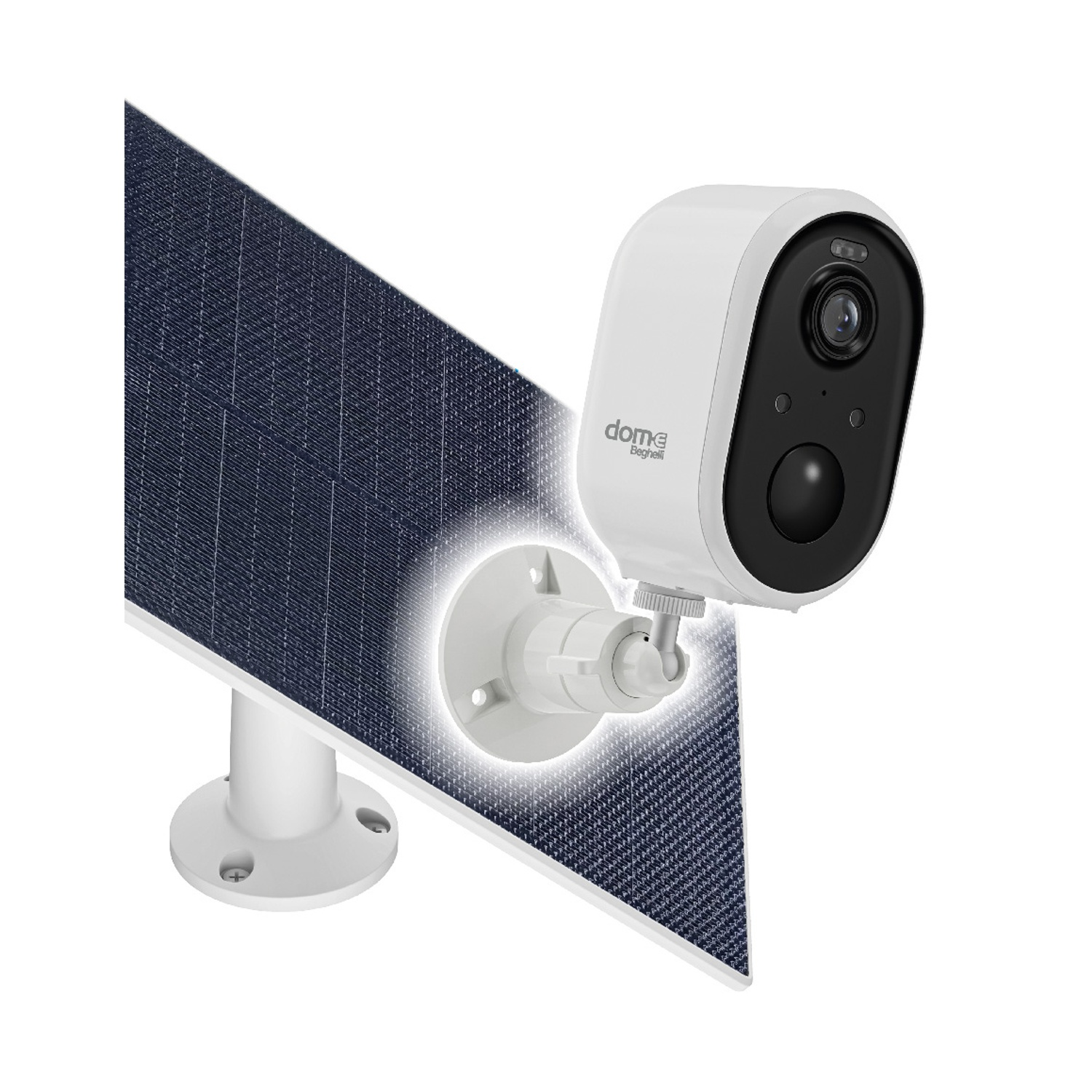 Una telecamera di sicurezza bianca con pannello solare su sfondo bianco.