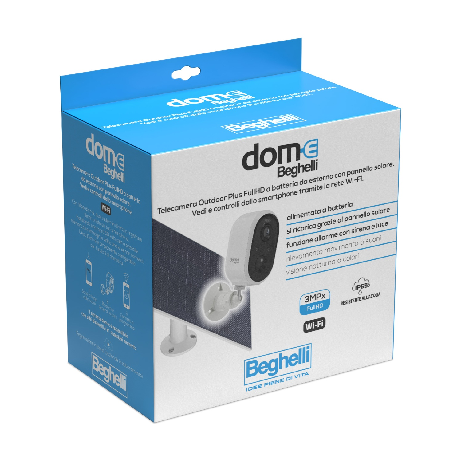 Confezione di prodotto blu per la telecamera Wi-Fi da esterno Dome Beghelli con pannello solare e batteria.