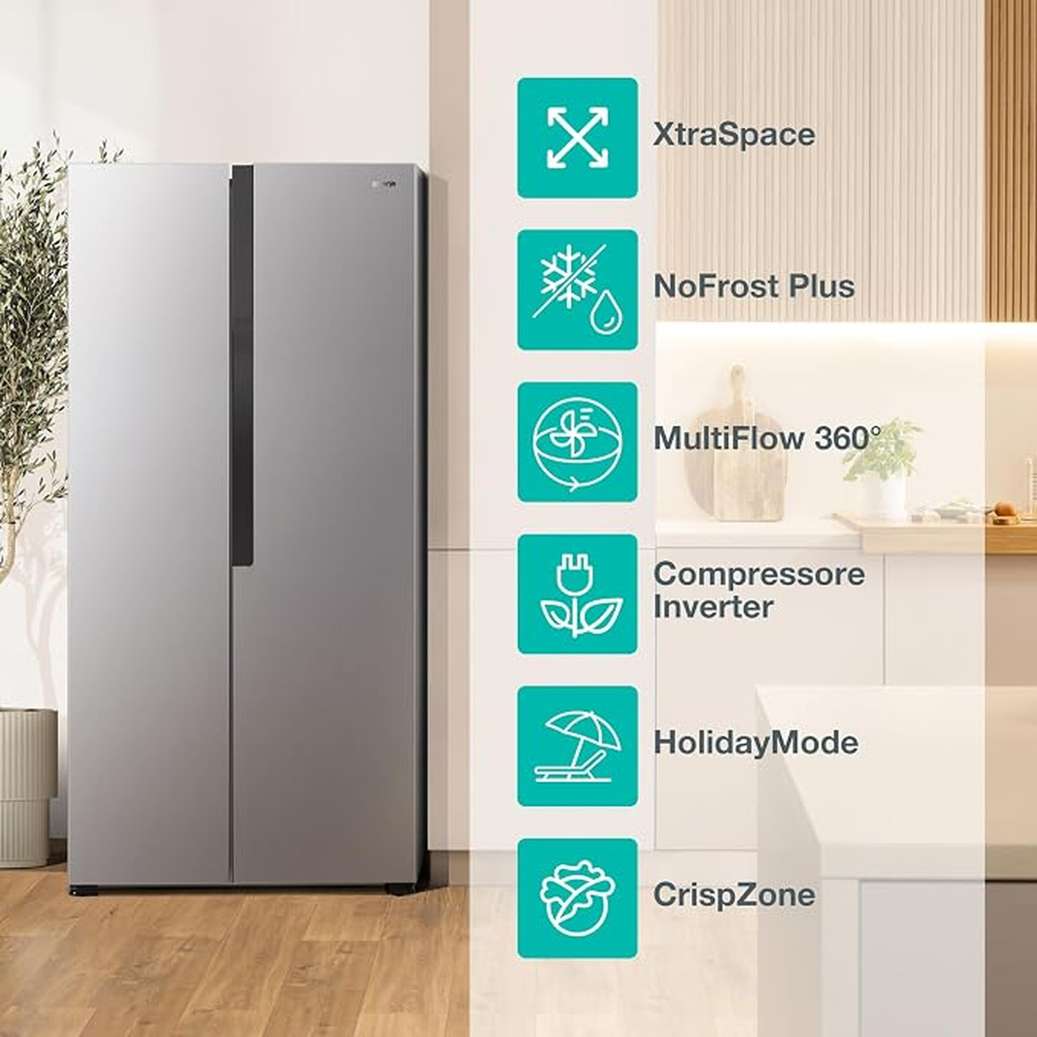Un frigorifero side-by-side argento in una cucina moderna con sei icone di funzioni turchesi accanto.