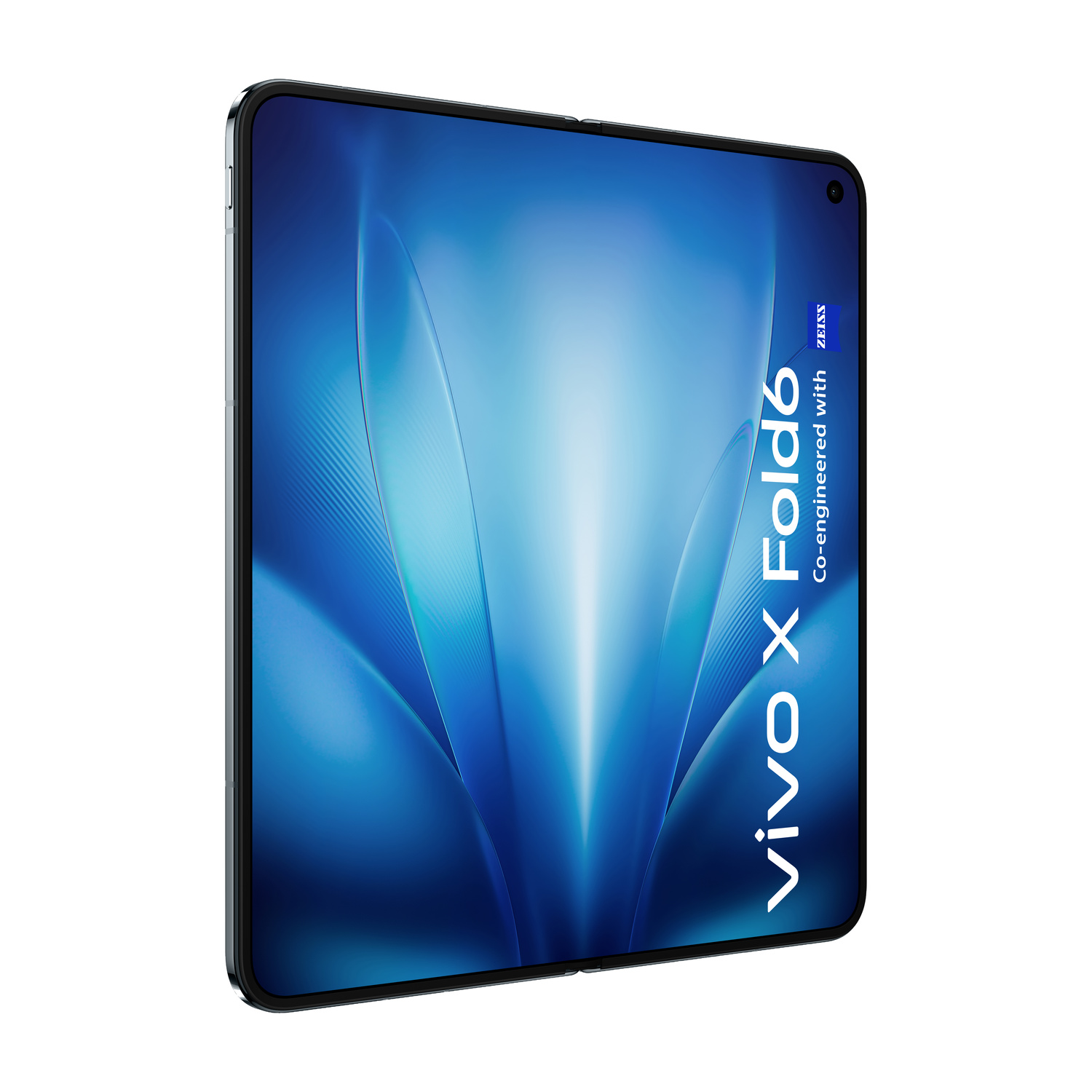 Uno smartphone vivo X Fold6 che mostra uno sfondo blu.