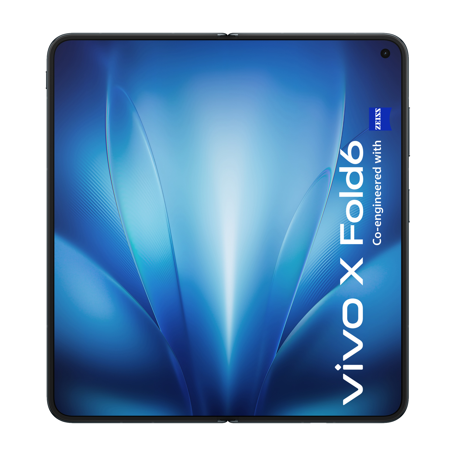 Uno smartphone pieghevole con uno schermo astratto blu e la scritta vivo X Fold6.