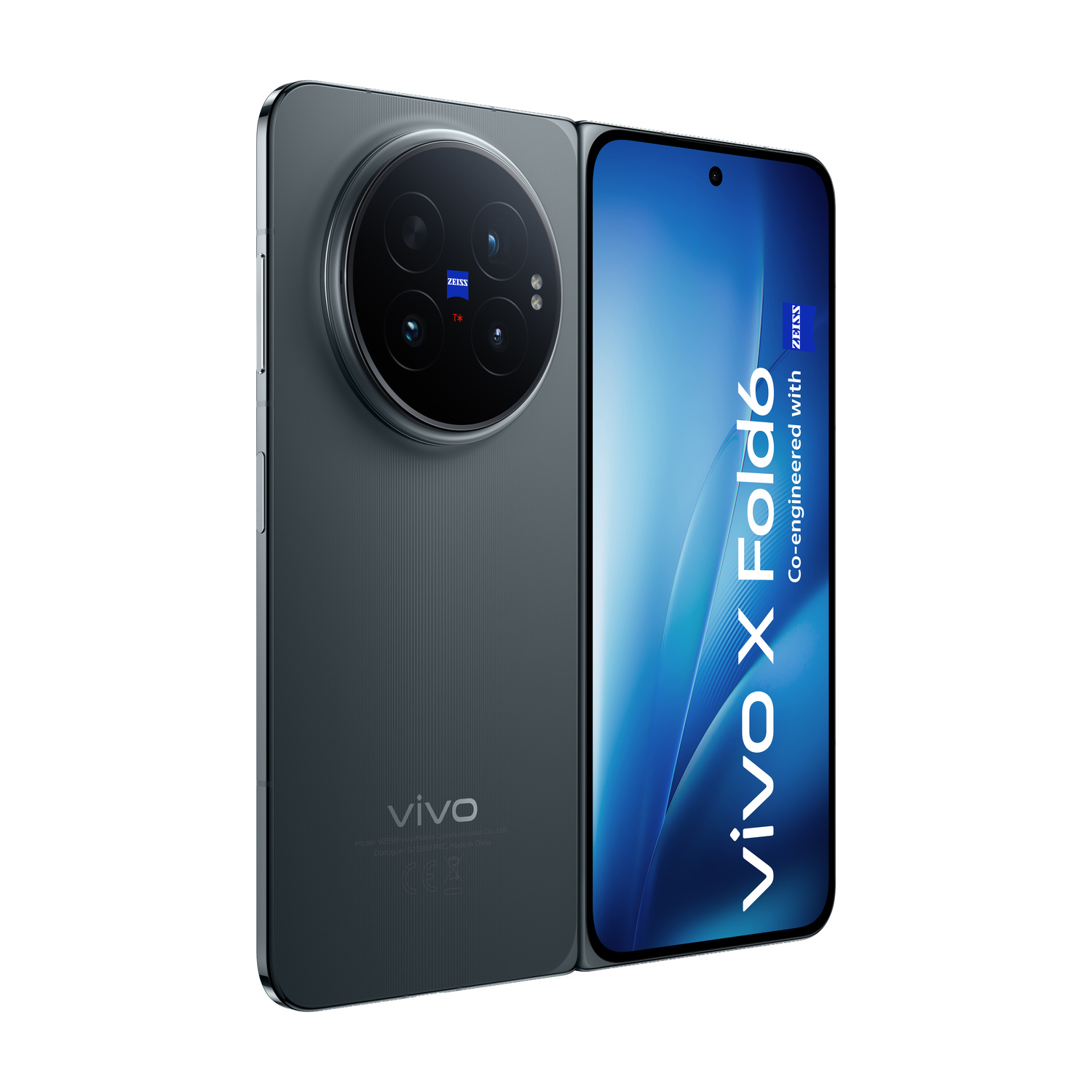 Smartphone pieghevole grigio Vivo X Fold6 con grande modulo fotocamera rotondo e schermo blu.