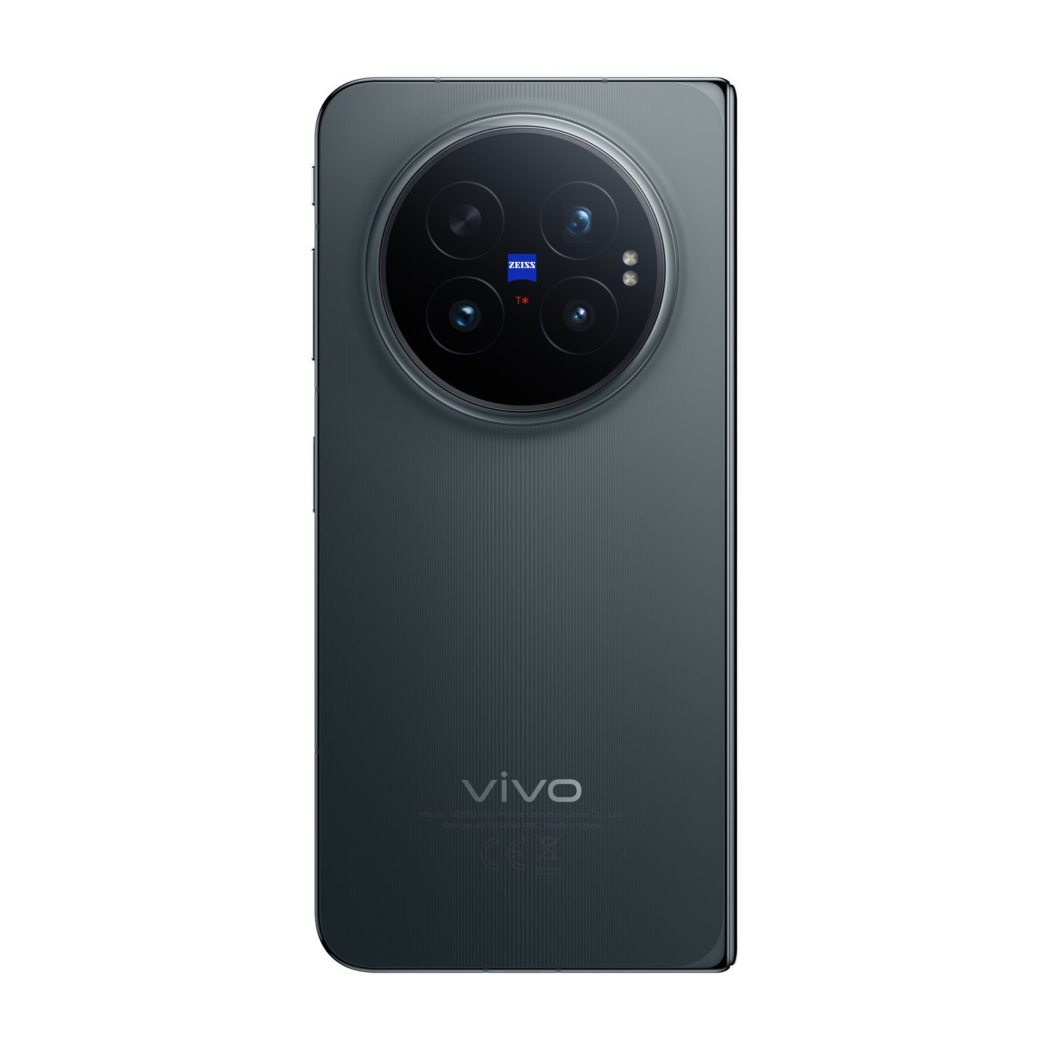 Retro di uno smartphone vivo grigio scuro con un grande modulo fotocamera circolare e logo Zeiss.