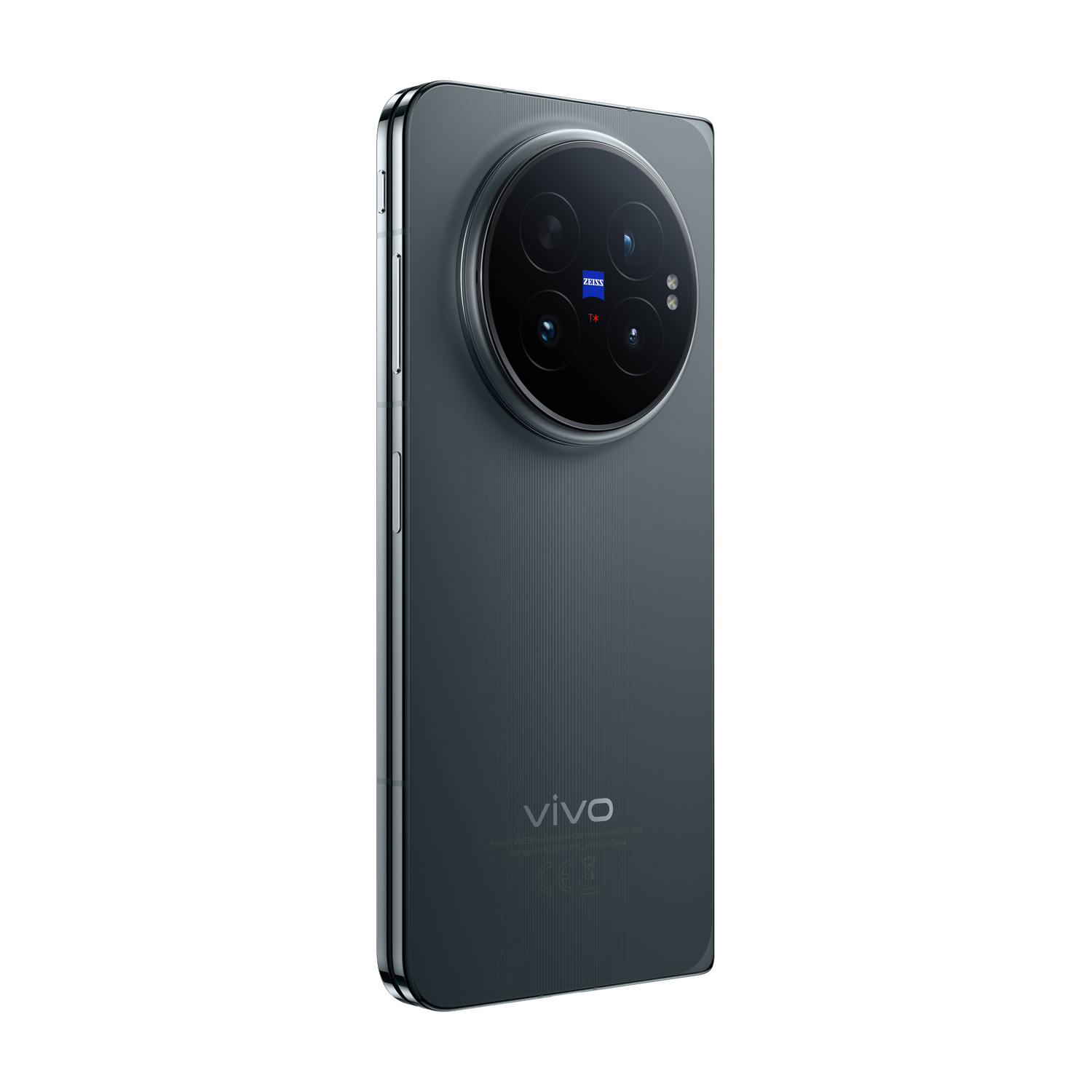 Retro di uno smartphone Vivo grigio scuro con un grande modulo fotocamera circolare e logo Zeiss.