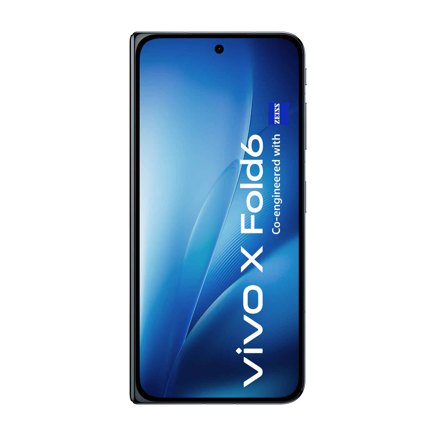 Vista frontale di uno smartphone Vivo X Fold6 con sfondo blu, testo bianco e logo Zeiss.