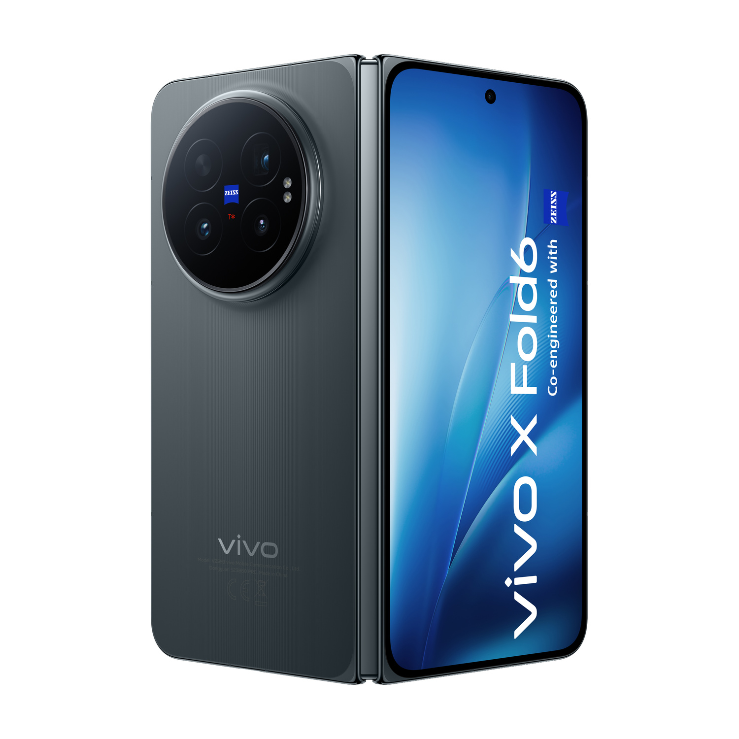 Uno smartphone grigio Vivo X Fold6 mostra il retro con fotocamera rotonda e il display blu.