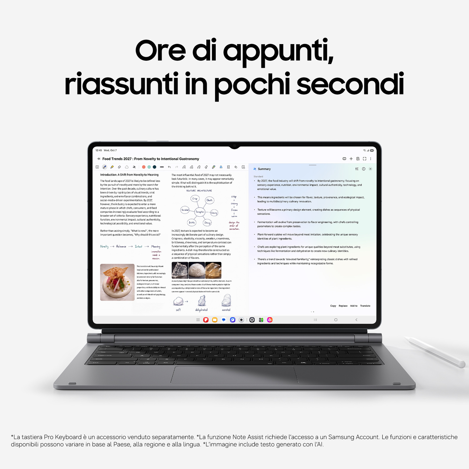 Un tablet con tastiera mostra appunti e un riepilogo AI in italiano.