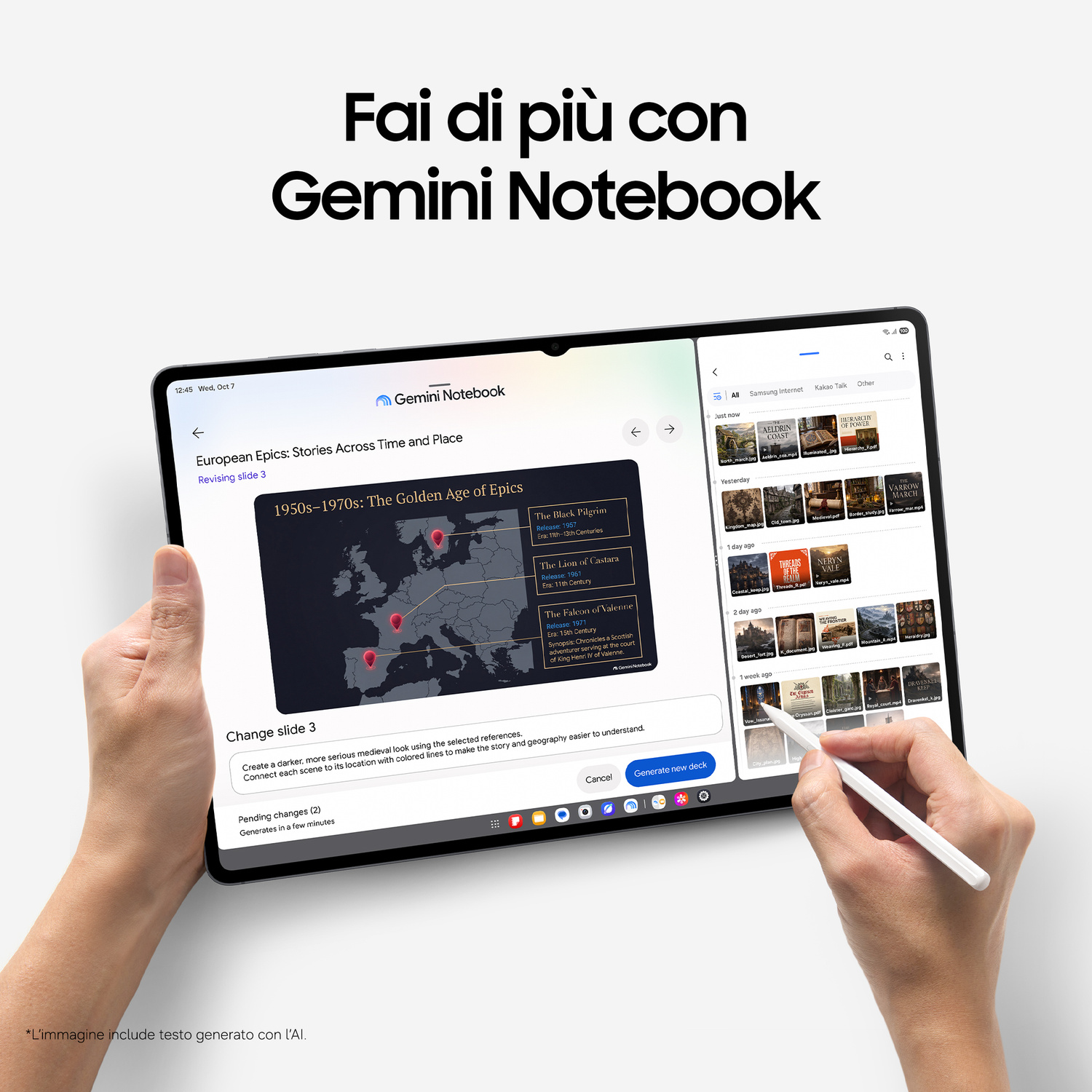 Un tablet mostra Gemini Notebook con una mappa dell'Europa, manovrato da mani con un pennino.
